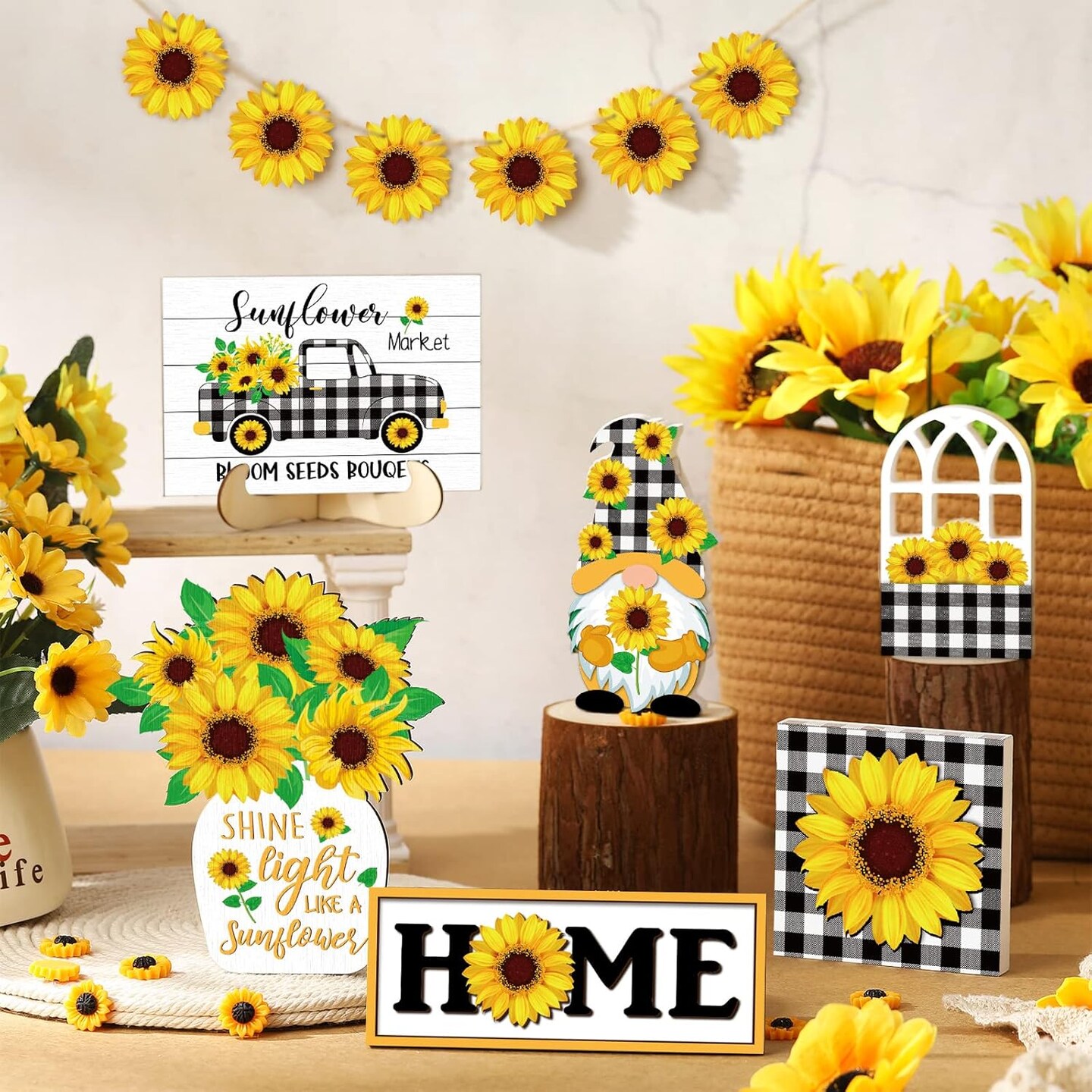 12 Pcs Sunflower Tiered Tray Decor Sunflower Decorations for Home Farmhouse Tray Set Rustic Summer Flower Table Top Centerpiece for Home Farmhouse Rustic Kitchen