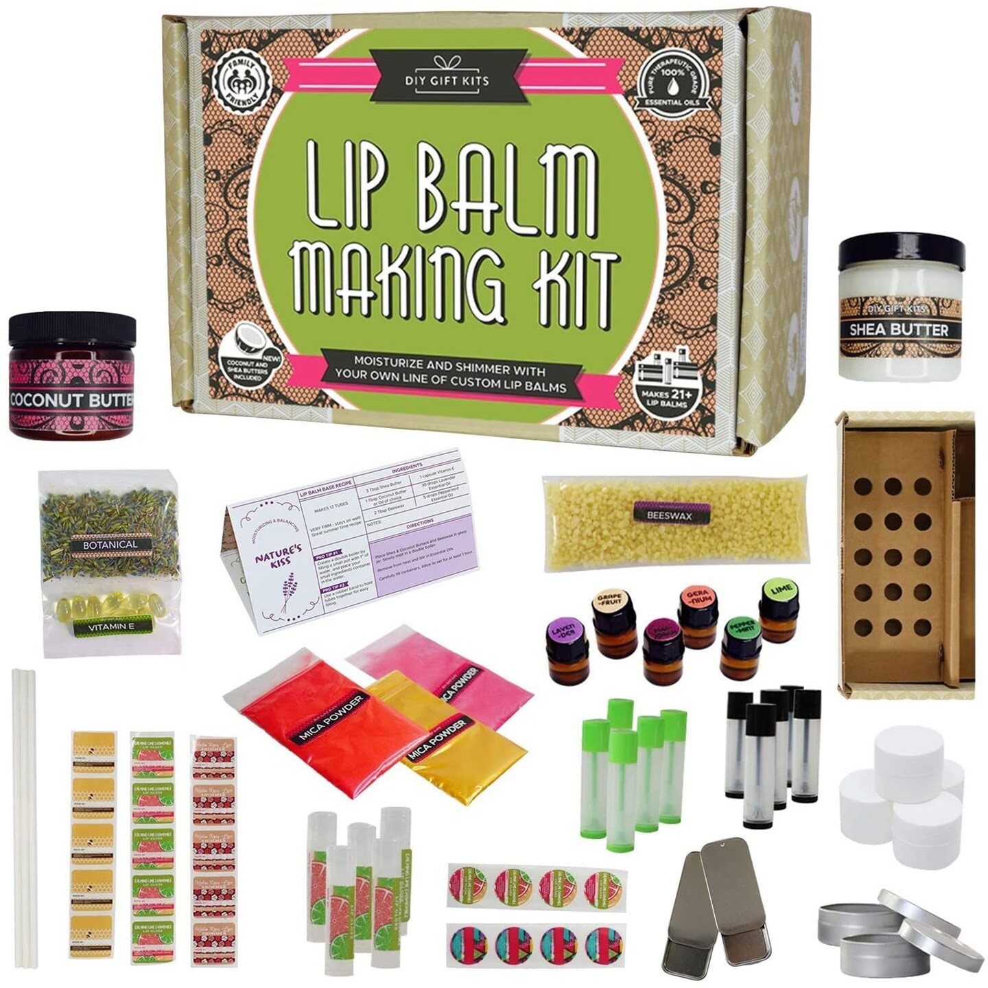 DIY Gift Kits Deluxe Lip Balm Kit with Filling Tray (77-Piece Set) For Making Your Very Own Clear & Colored DIY Lip Balms! | Includes Tubes, Bees Wax Pouch, 100% Pure Therapeutic Essential Oils & More