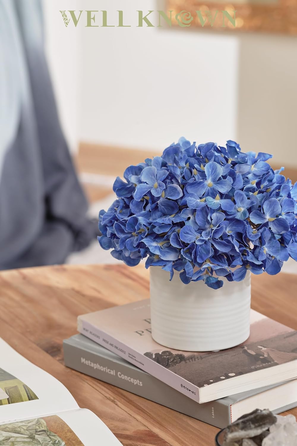 Artificial Hydrangea Fake Flowers in Vase, Fake Silk Flowers in Ceramic Vase, Artificial Plants in Pot for Fall Home Office Lavotory Table Shelf Decor (Blue)