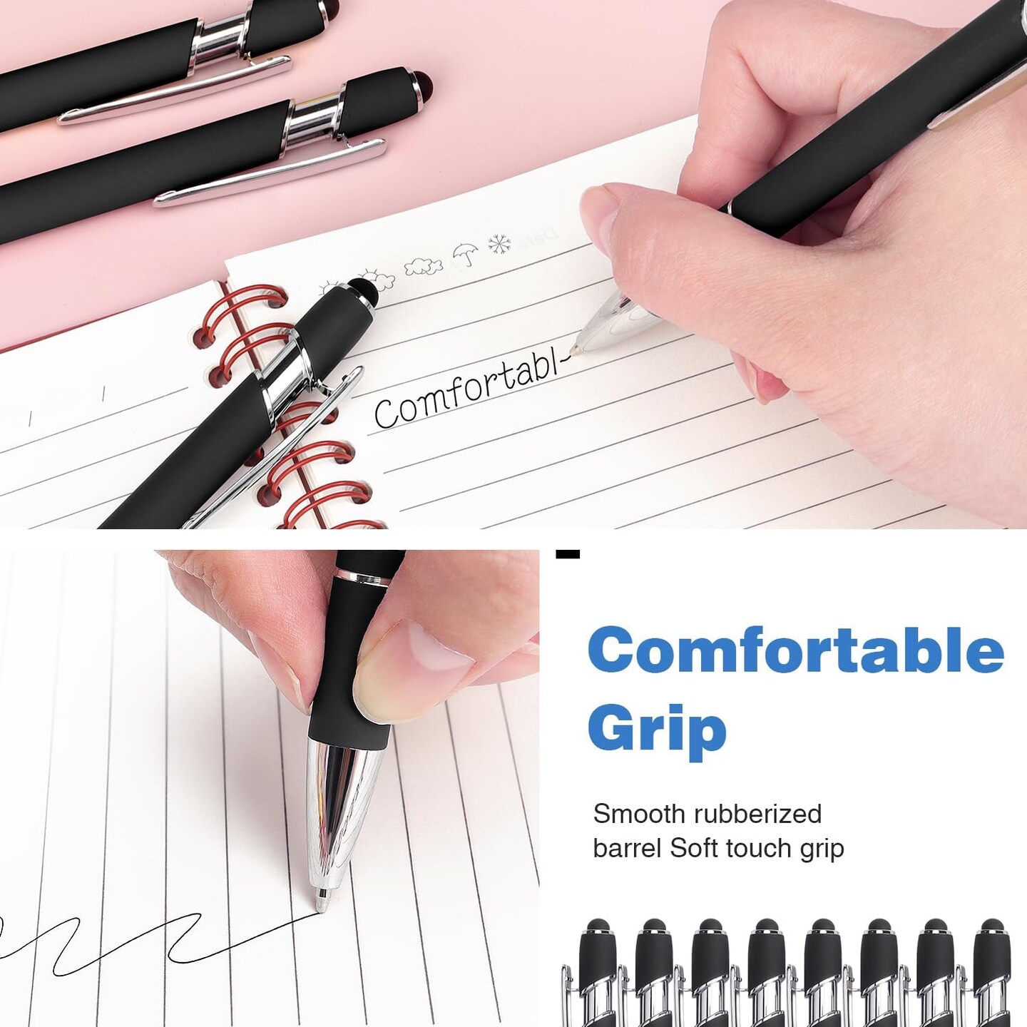 8 Pack Black Ballpoint Pen 2-in-1 Stylus - Retractable Metal Pen With Stylus Tip for Touch Screens, 1.0 mm Black Ink