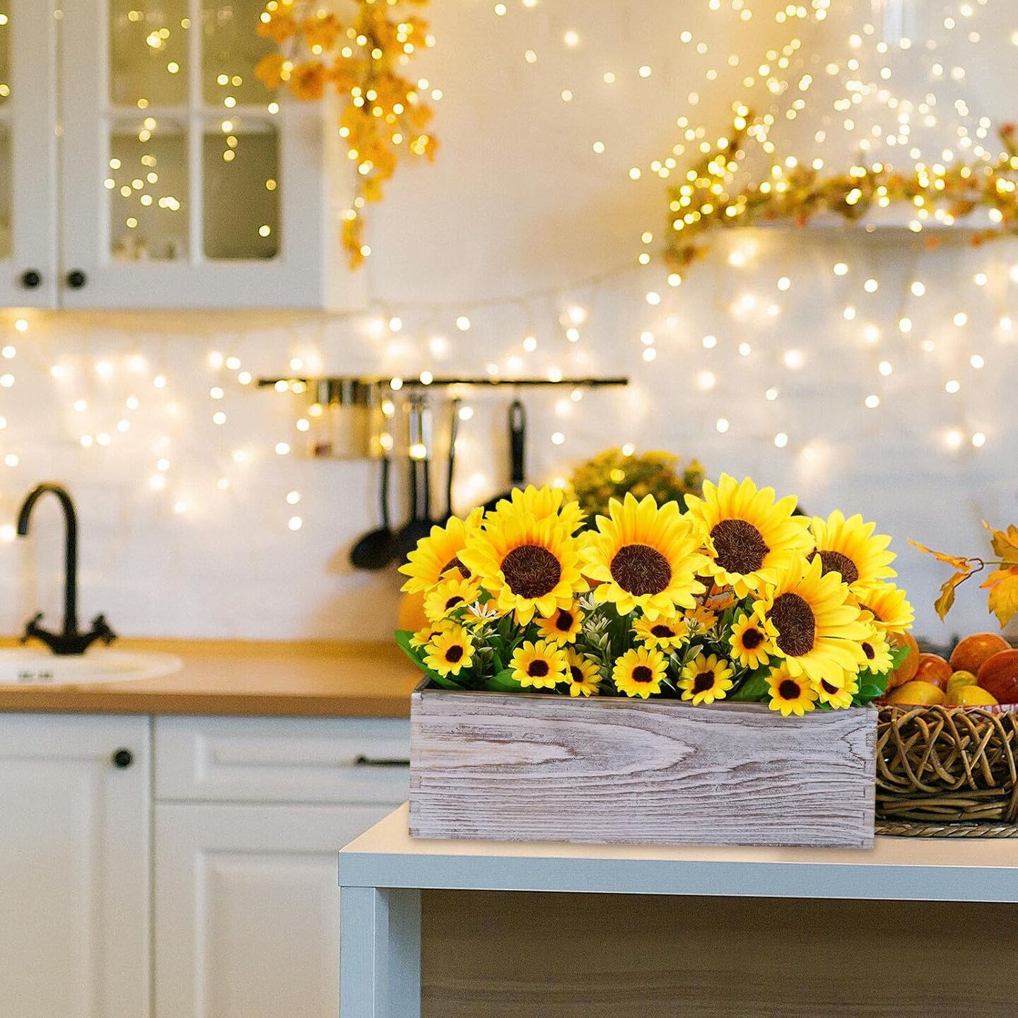 11&#x22; Rustic Sunflowers Arrangement Artificial Sunflower Bouquets in Rectangular Wooden Planter Yellow Sunflowers Summer Floral Centerpiece for Gift Farmhouse Country Kitchen Mantel Table D&#xE9;cor