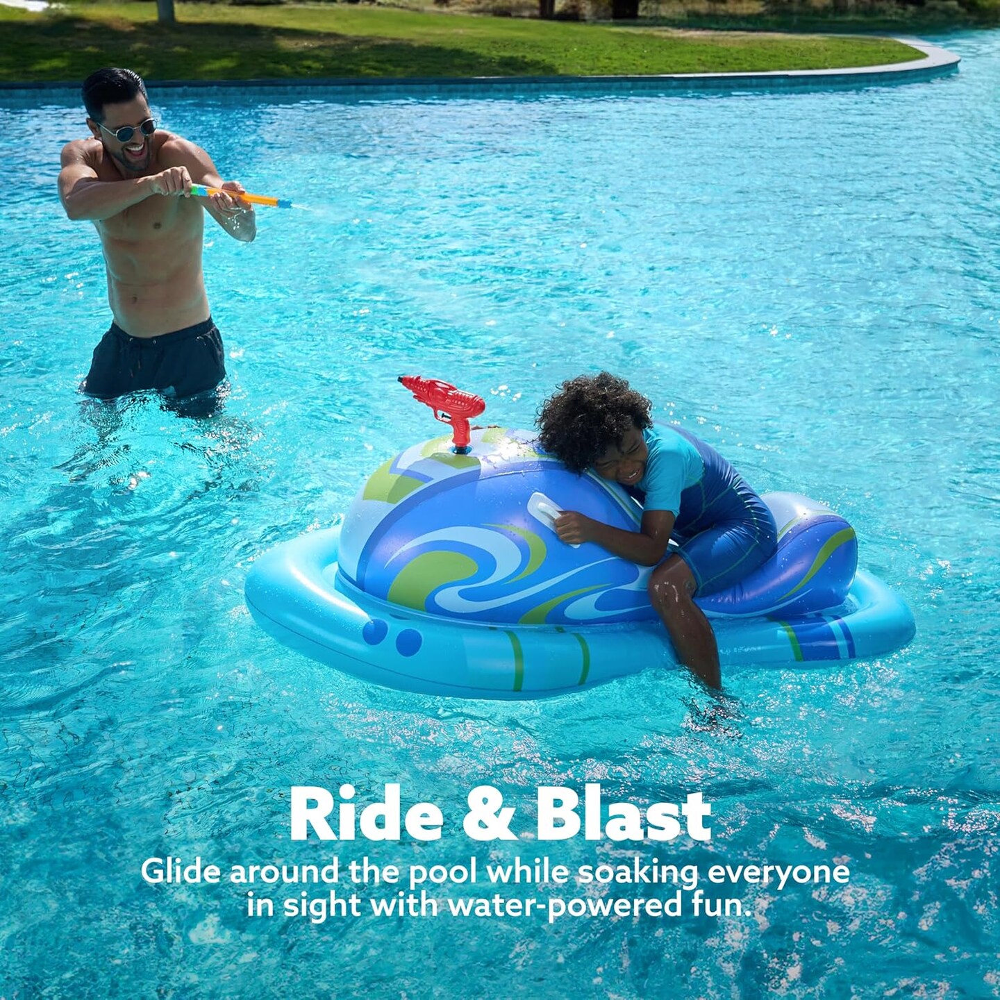 Summer Inflatable Jet Ski Pool Floats Kids, Pool Floaties with Water Gun, Water Fight Toys, Inflatable Battle Fun for Summer