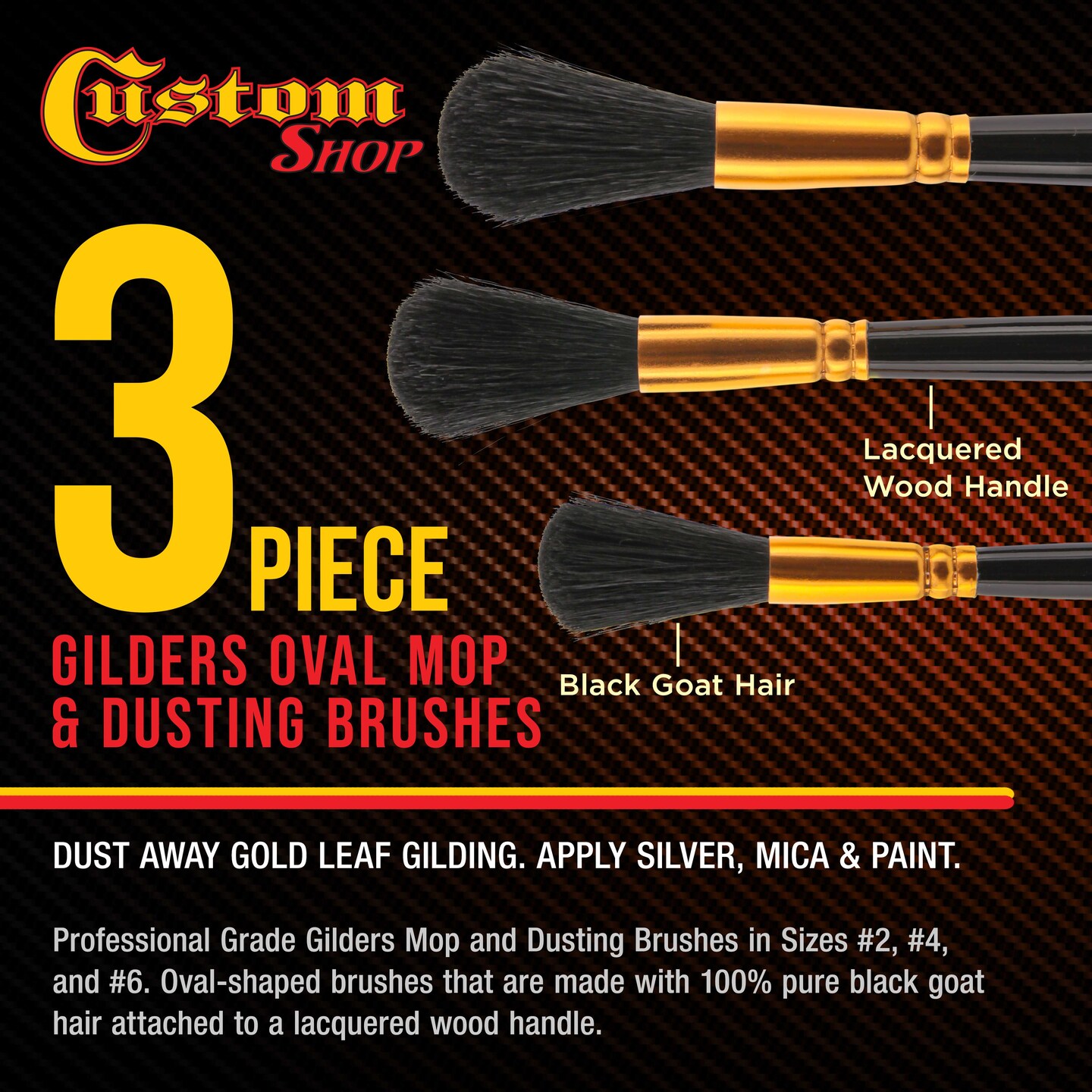 Guilders Mop Dusting Brush, Set of 3, Sizes 2, 4 &#x26; 6 - Professional Grade Black Goat Hair Oval Shaped Brushes with Wooden Handles - Dust Away Gold Leaf Guilding, Sign Lettering