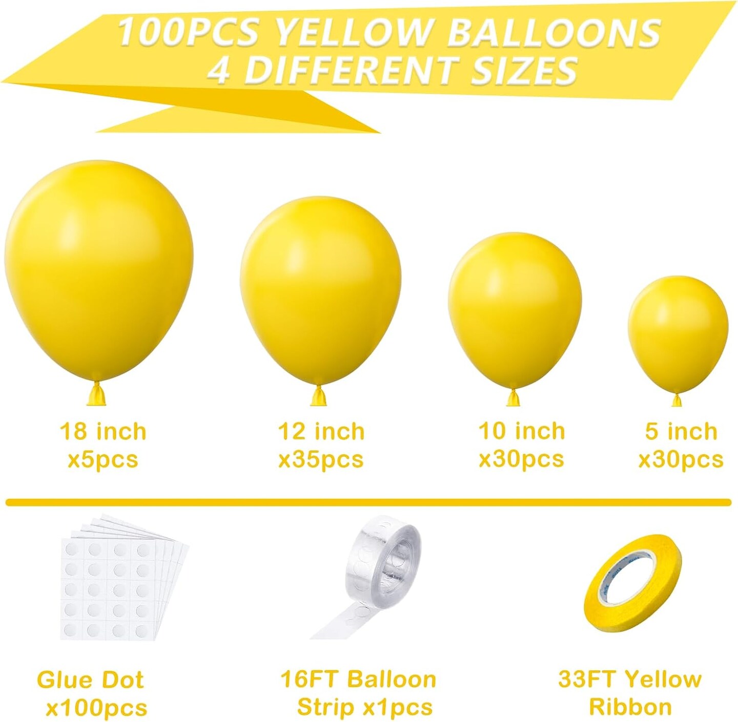 Yellow Balloons Garland Arch Kit, 100PCS 18In 12In 10In 5In Yellow Latex Balloons Garland Arch Kit with Glue Dot Strip and Ribbon for Birthday Weddings Anniversary Graduation Party Decorations