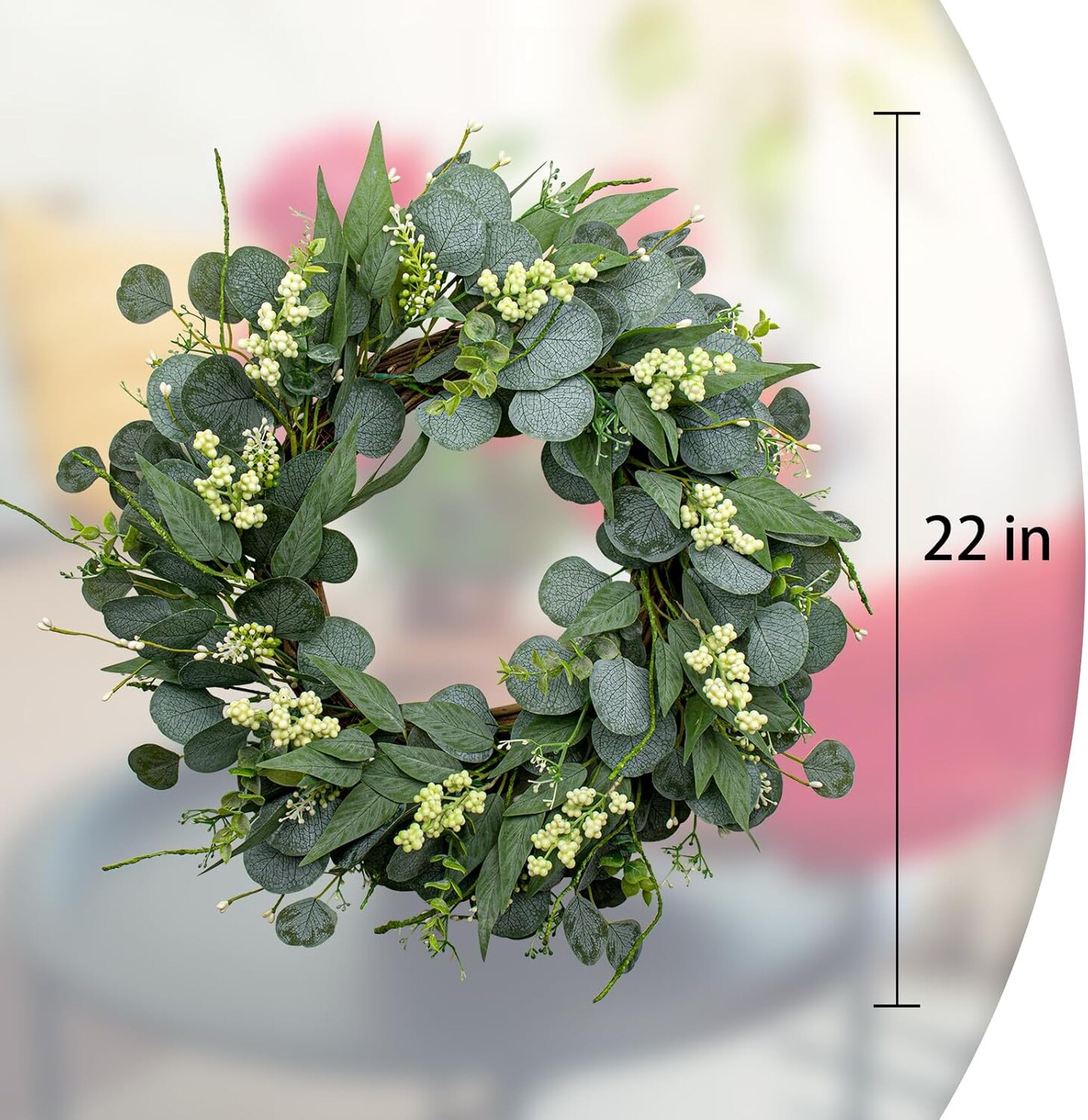 22 Inch Artificial Green Eucalyptus Wreath Summer Wreaths for Front Door with White Berries Summer Decor for Porch, Wall, Farmhouse