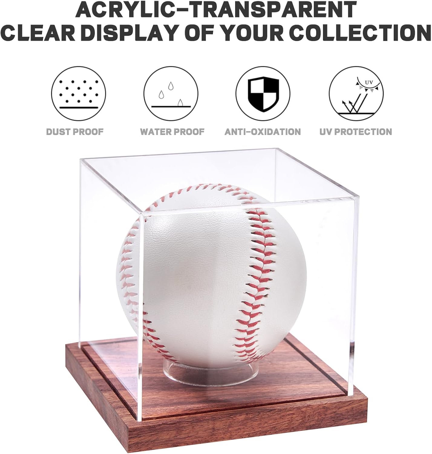 Baseball Display Case, No Assembly Required Clear Cube Tennis Ball Holder with Solid Wooden Base, Autograph Baseball Stand Box for Single Ball (1 Pack)