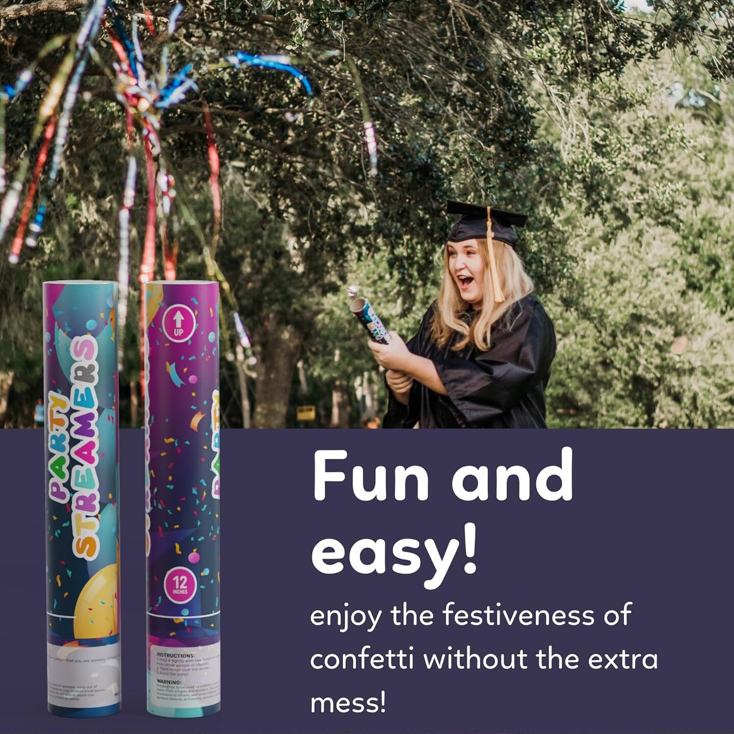 No Mess Streamer Confetti Cannon Party Poppers | 6 Pack | Multicolor Streamers | Glitter Bomb Confetti Shooters | Decoration for Birthday, Wedding | Launches 25 ft | 12 inch |