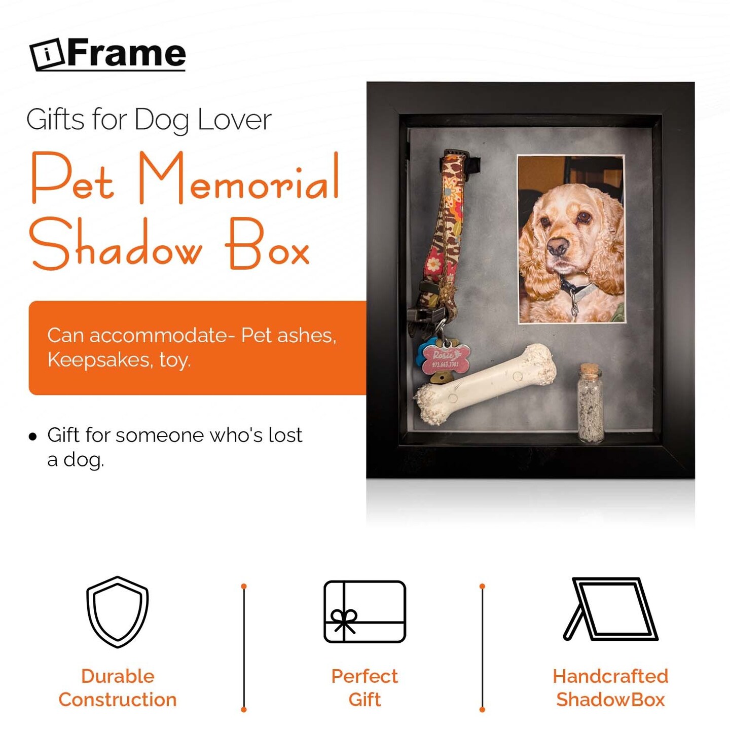 iFrame Pet Memorial Shadow Box and Pets Picture Frame for 4&#x22;x6&#x22; Photo | Pets Memorial Gifts for Pets Lover | Pet Collar, Pet Ashes Keepsake, Toys &#x26; Gift for Someone Who Lost A Pet | Made in USA