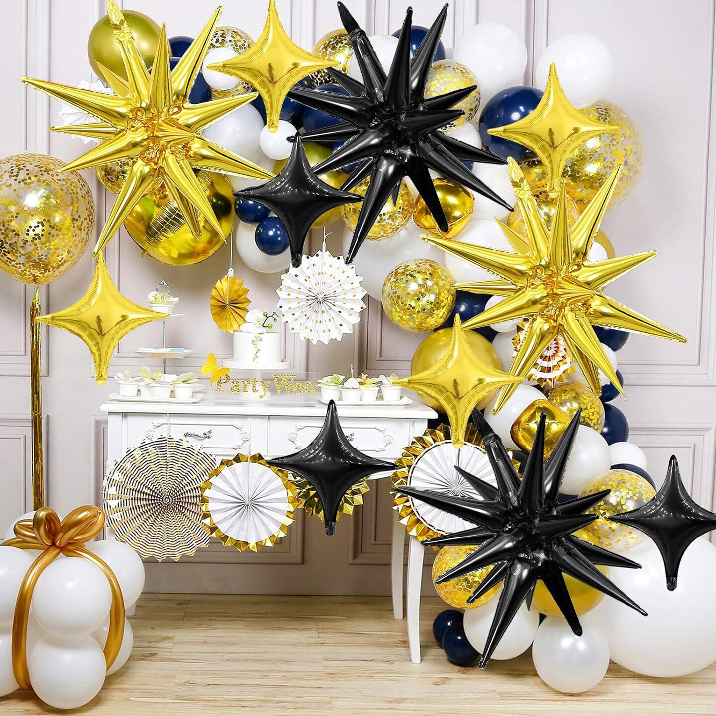 16PCS Black & Gold Star Foil Balloons – 22” & 10” Party Decorations for Birthday & Disco