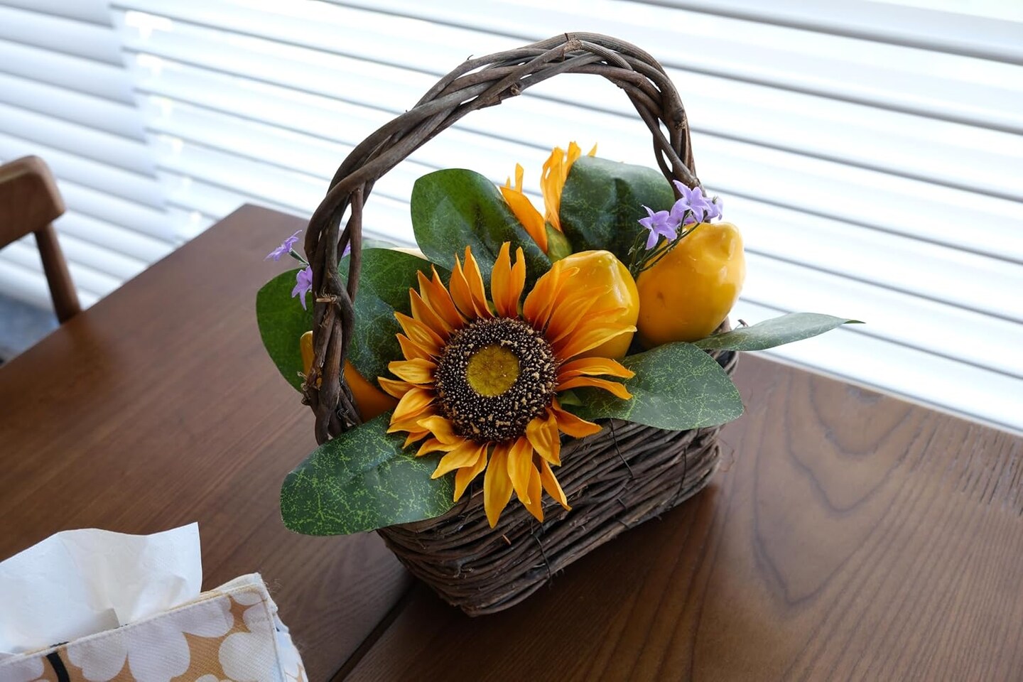 Rustic Farmhouse Table Decor, Spring Summer Tabletop Basket Decoration with Artificial Sunflowers Lemons Magnolia Leaves, Small Centerpiece for Home Indoor Living Room Kitchen Dining Room Table