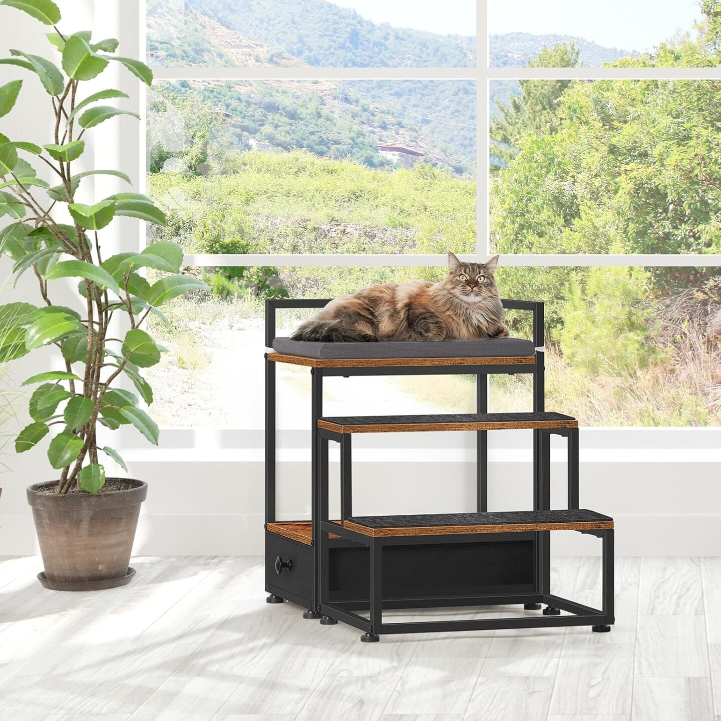 Rustic Brown Dog Window Perch with 2-Step Stairs &#x26; Storage Drawer - Elevated Pet Bed for Small Dogs/Cats, Non-Slip Stairs for Beds, Couches - Safe Climbing Platform