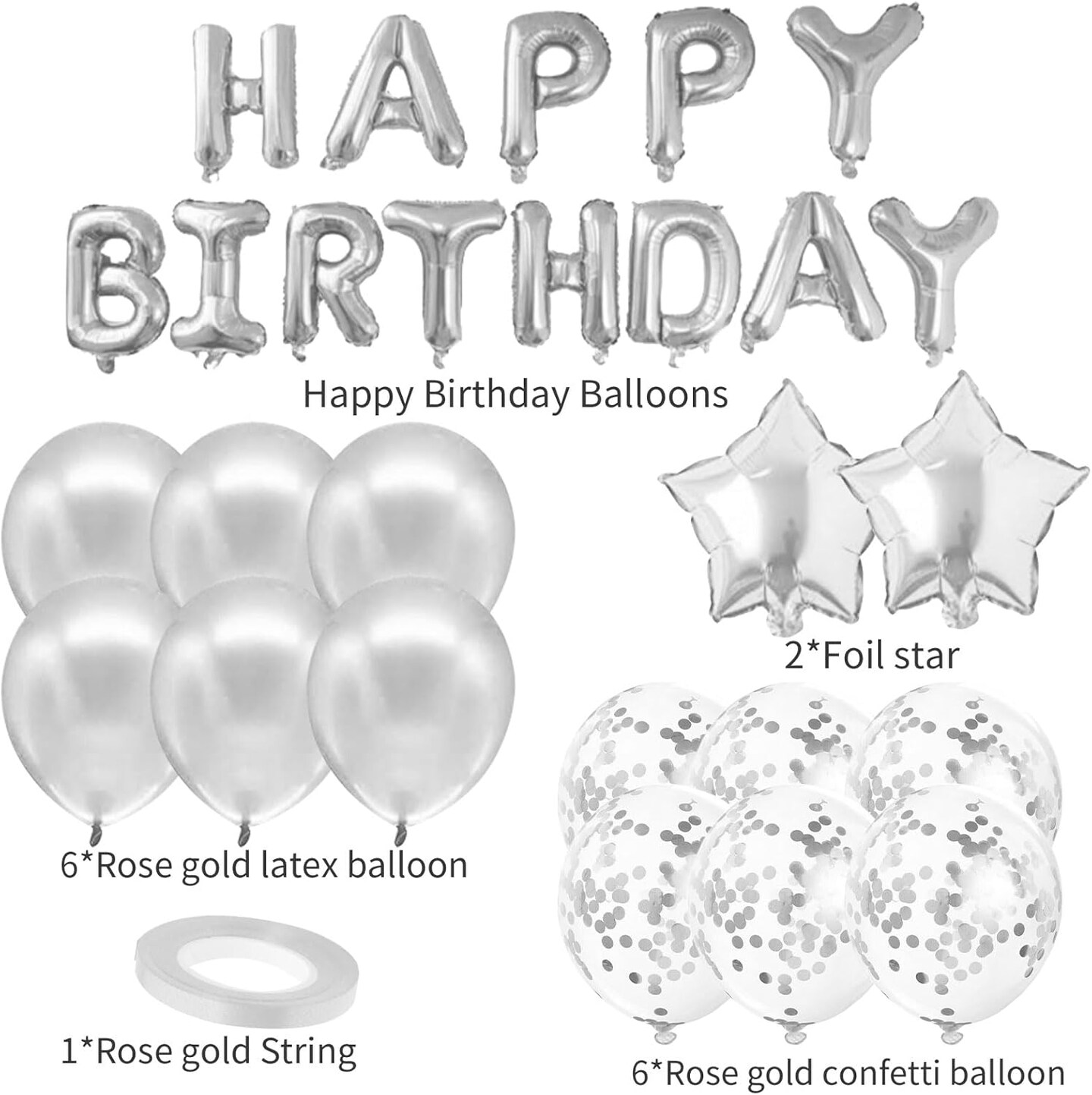 15PCS Silver Birthday Party Set – Banner, Heart & Star Foil Balloons with Confetti