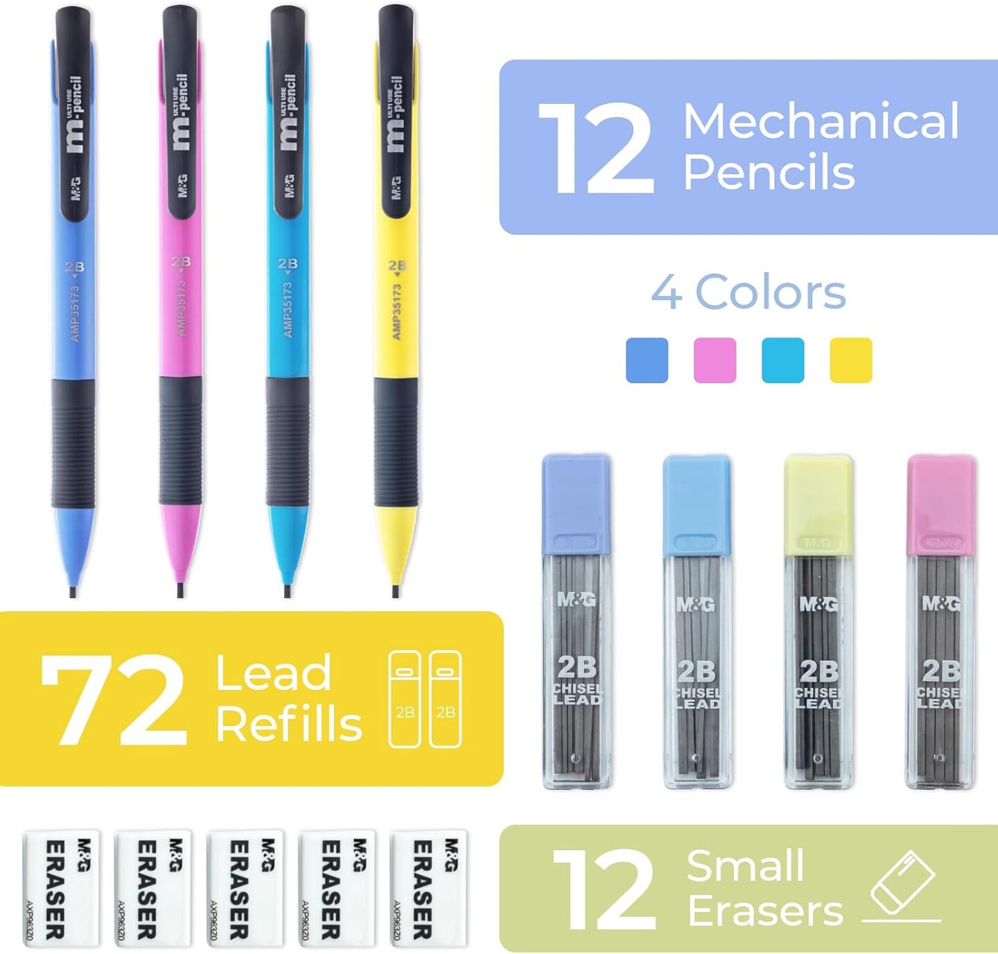 Mechanical Pencils Set 1.8mm, 2B Pencil Lead, 12 Pencils, School Supplies, Teacher Supplies, Drawing Pencils, Sketching Pencils, 12 Tube Lead Refill Set, 12 Erasers for Drafting Drawing Sketching