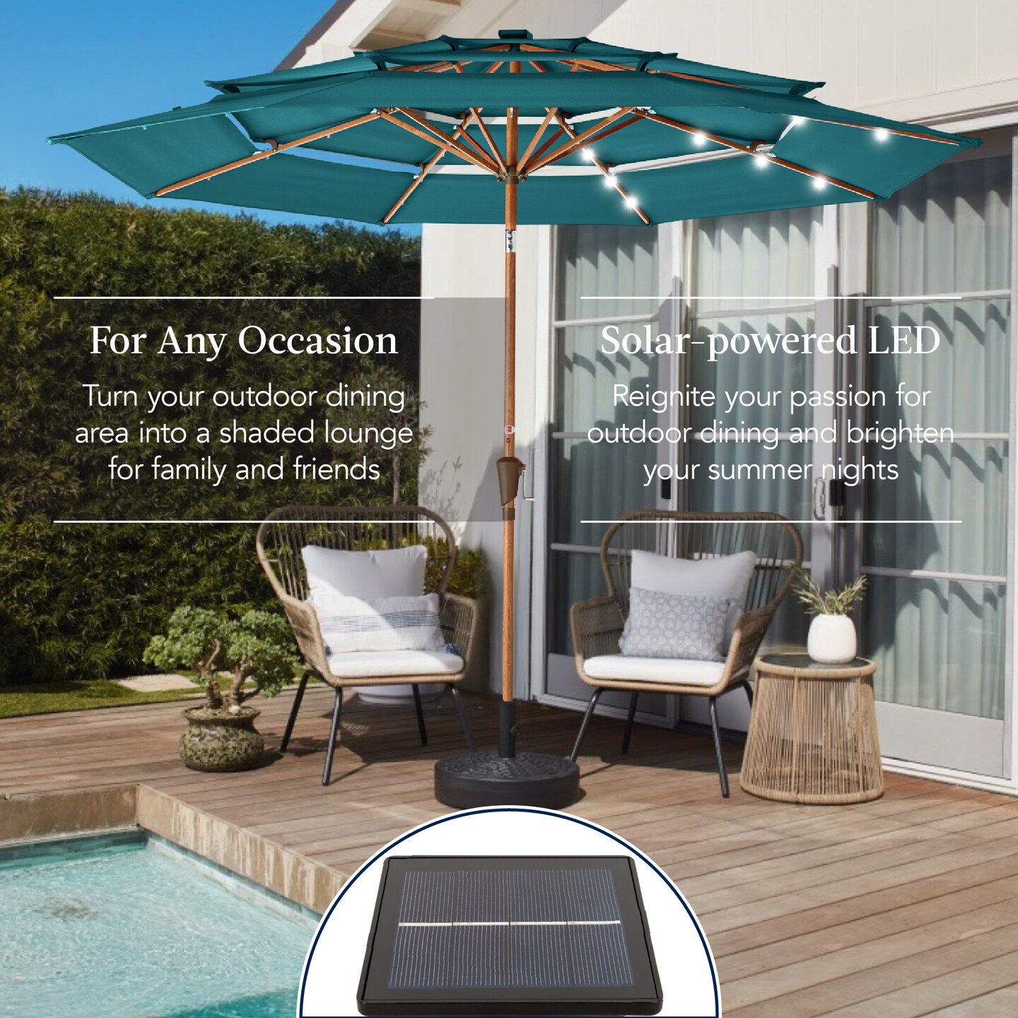 Best Choice Products Woodgrain Pattern 10ft 3-Tier Solar Patio Umbrella w/ 24 LED Lights, Tilt