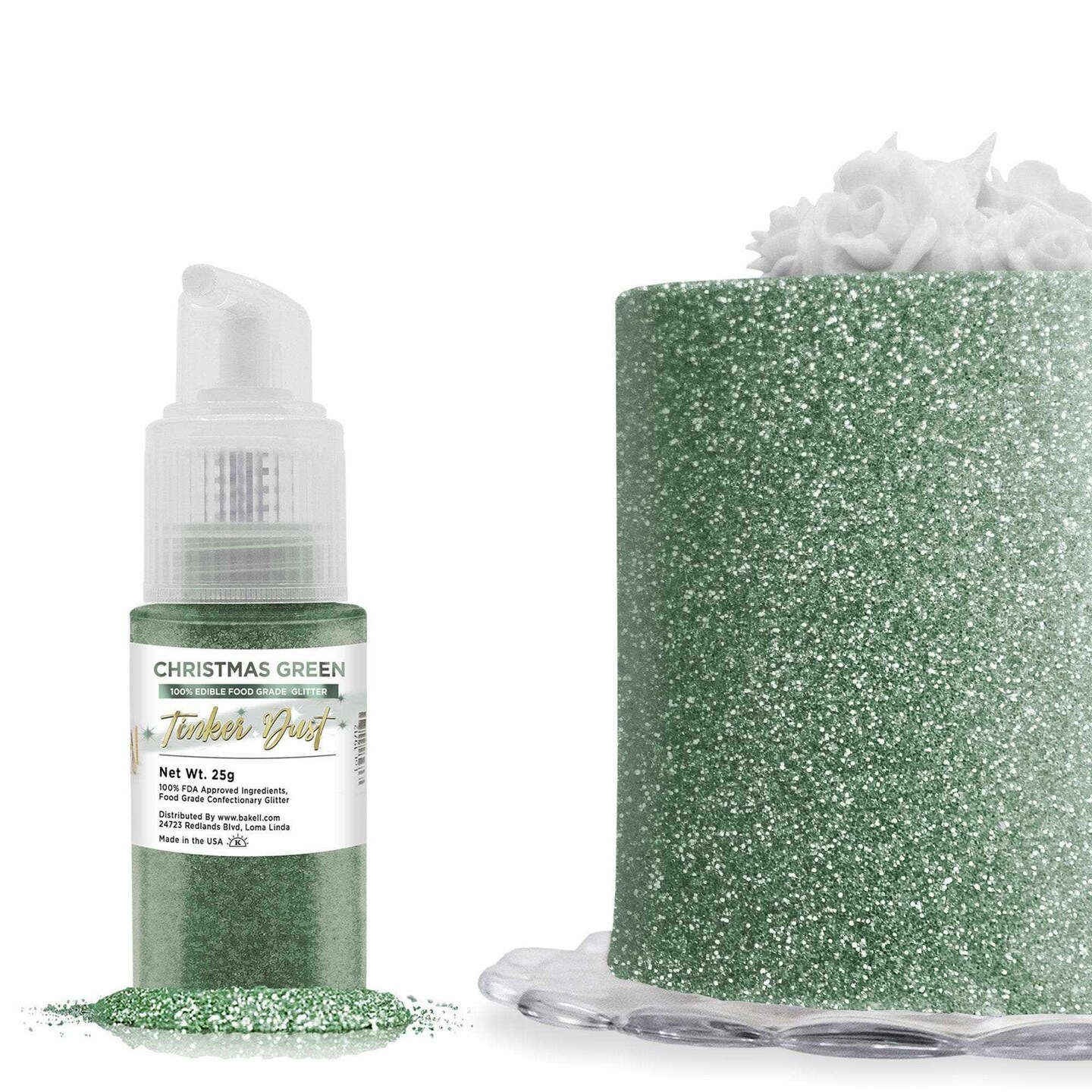 Bakell - Christmas Green Tinker Dust Edible Glitter (25g, 1x Spray Pump) for Food, Desserts, and Beverages!