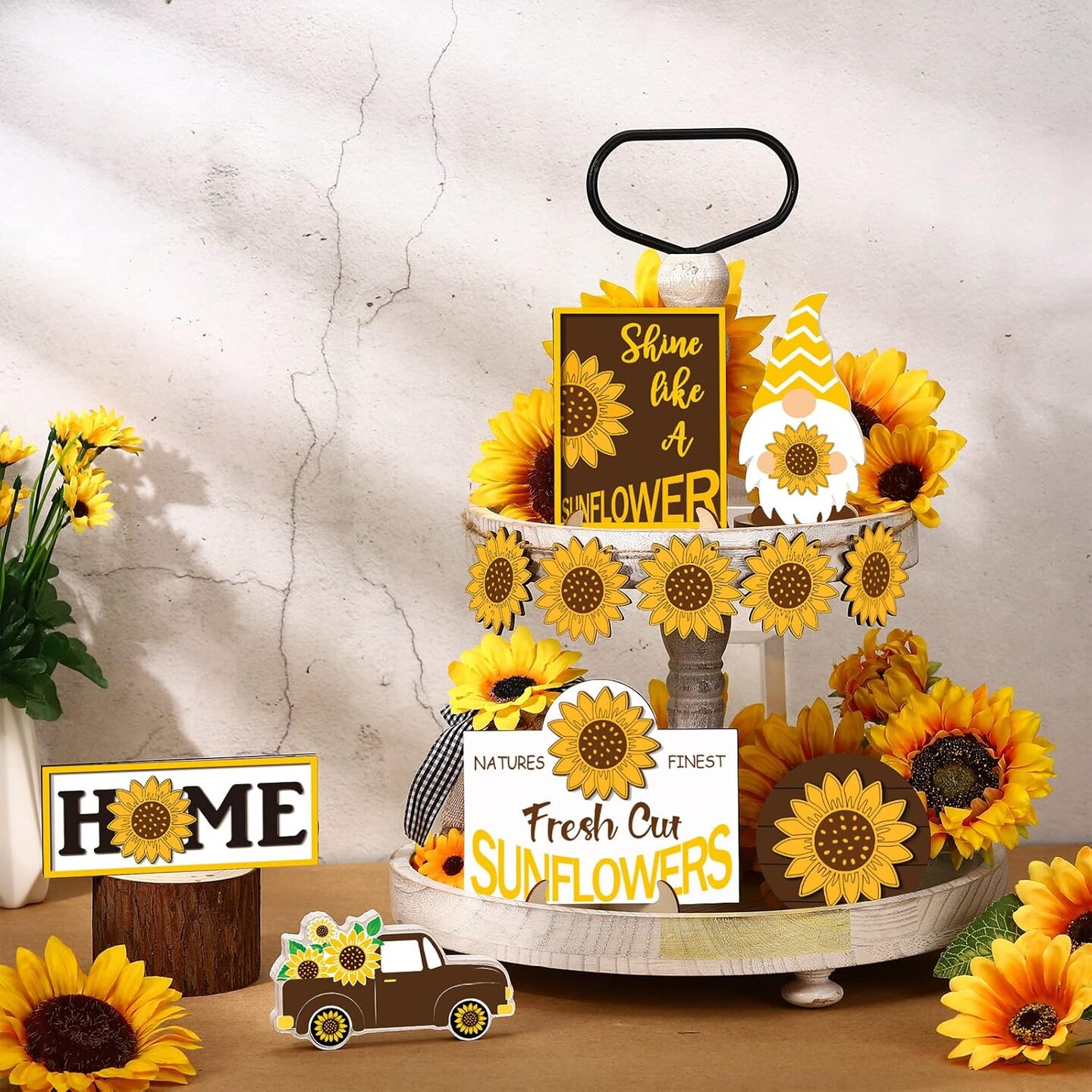 2 Pcs Sunflower Tiered Tray Decor Set Farmhouse Summer Wooden Sign Sunflower Decorations for Home Rustic Sunflower Table Decorations Summer Tiered Tray Decor for Home Kitchen Tabletop