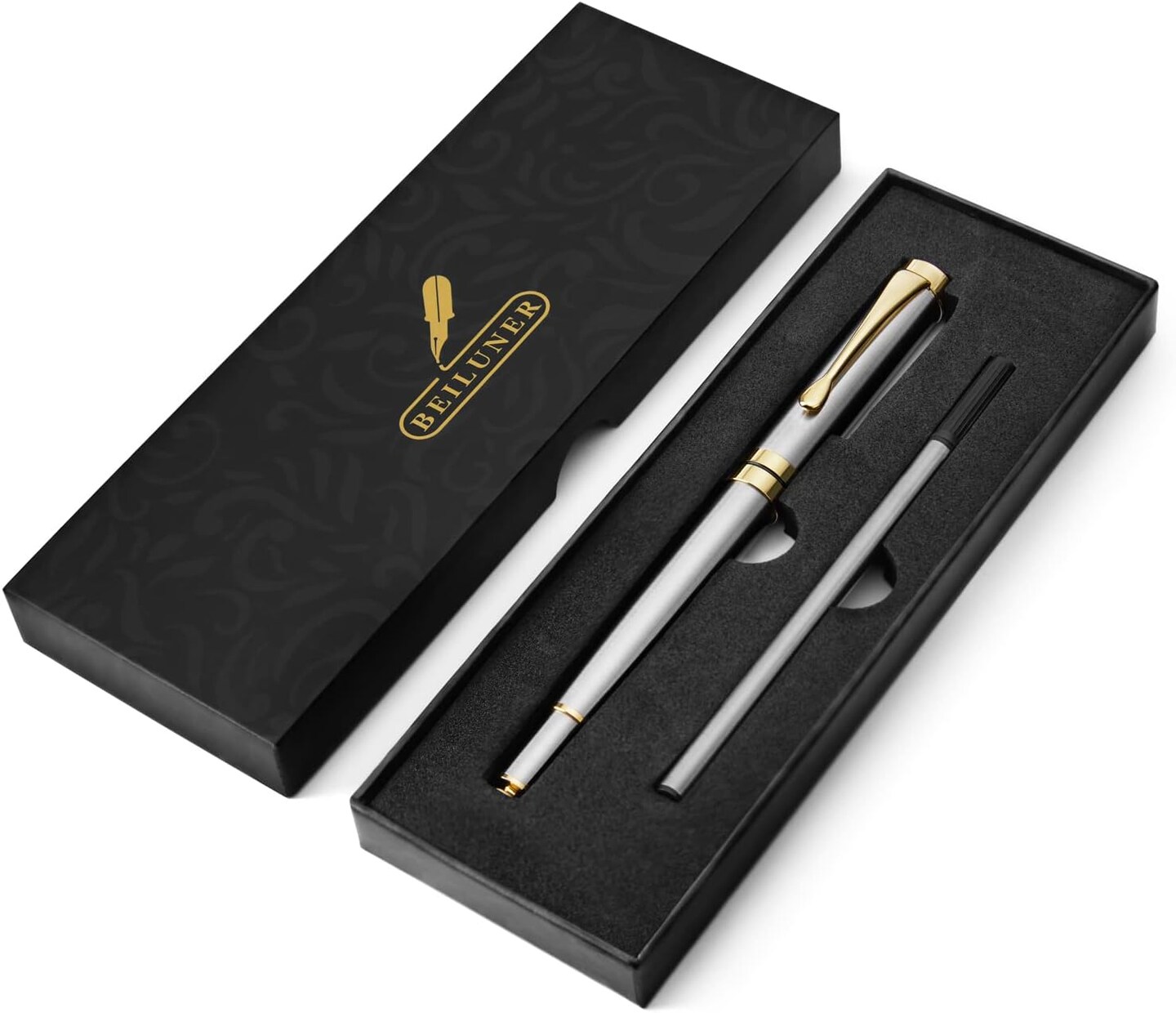 Ballpoint Pens, Stunning Silver Chrome Metal Pen with Golden Trim, Best Ball Pen Gift Set for Men &#x26; Women, Professional, Executive, Office, Nice Pens-Gift Box with 0.5mm Extra Black Refill