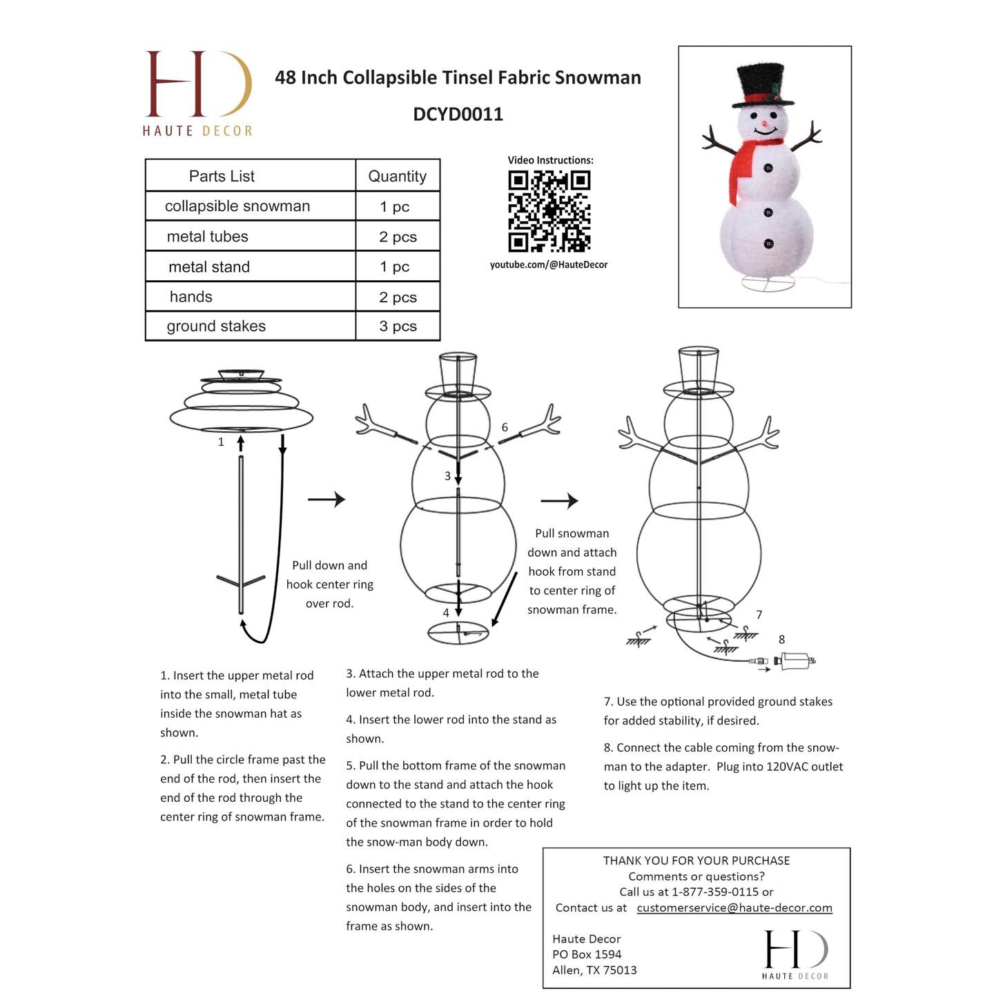 Haute Decor 48 Inch Tall Lighted Collapsible Tinsel Fabric Snowman Outdoor Christmas Yard Decoration - Pre-lit with Energy-Efficient LED Lights - Easy, Compact Storage