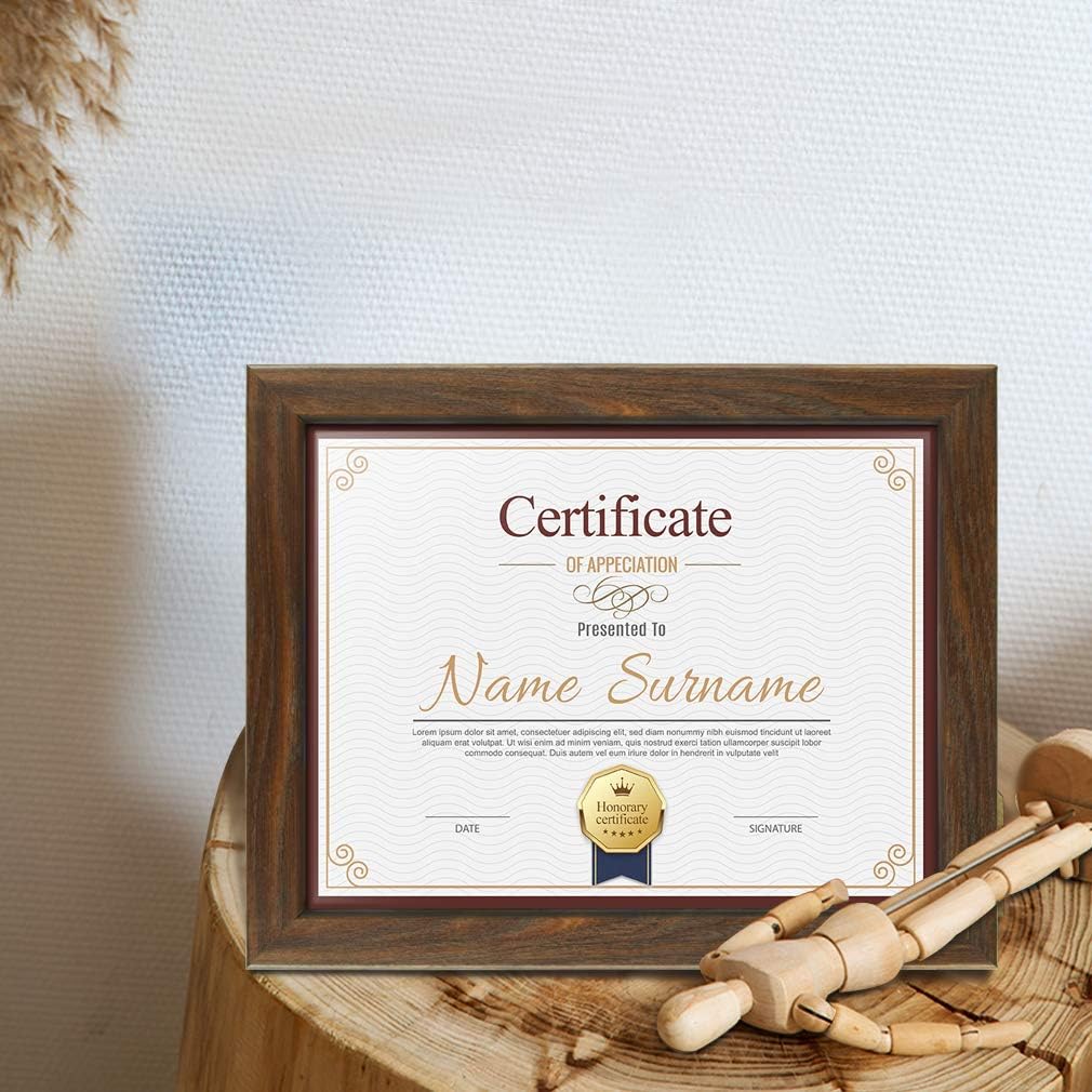 8.5x11 Certificate Picture Frames Diploma Document Picture Frames Tempered Glass Rustic Brown Frame Set of 6 Pack