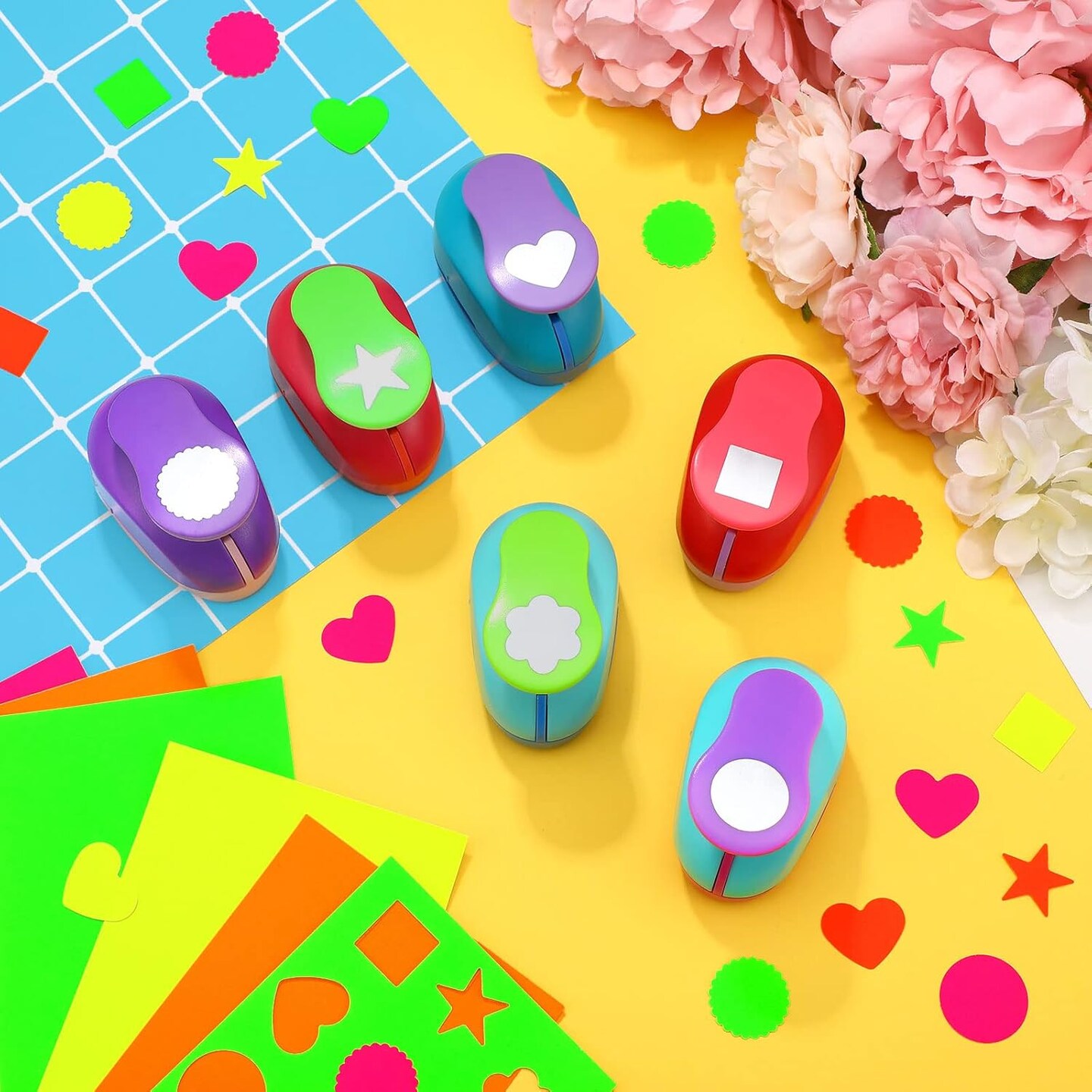 6 Pcs Colorful Craft Hole Punch with 30 Pcs Colorful Craft Sticker Paper Punch 1 Inch Paper Punchers Scrapbook Punches with Craft Sticker Paper, Flower, Round, Star, Square, Heart, Wave Circle Shape