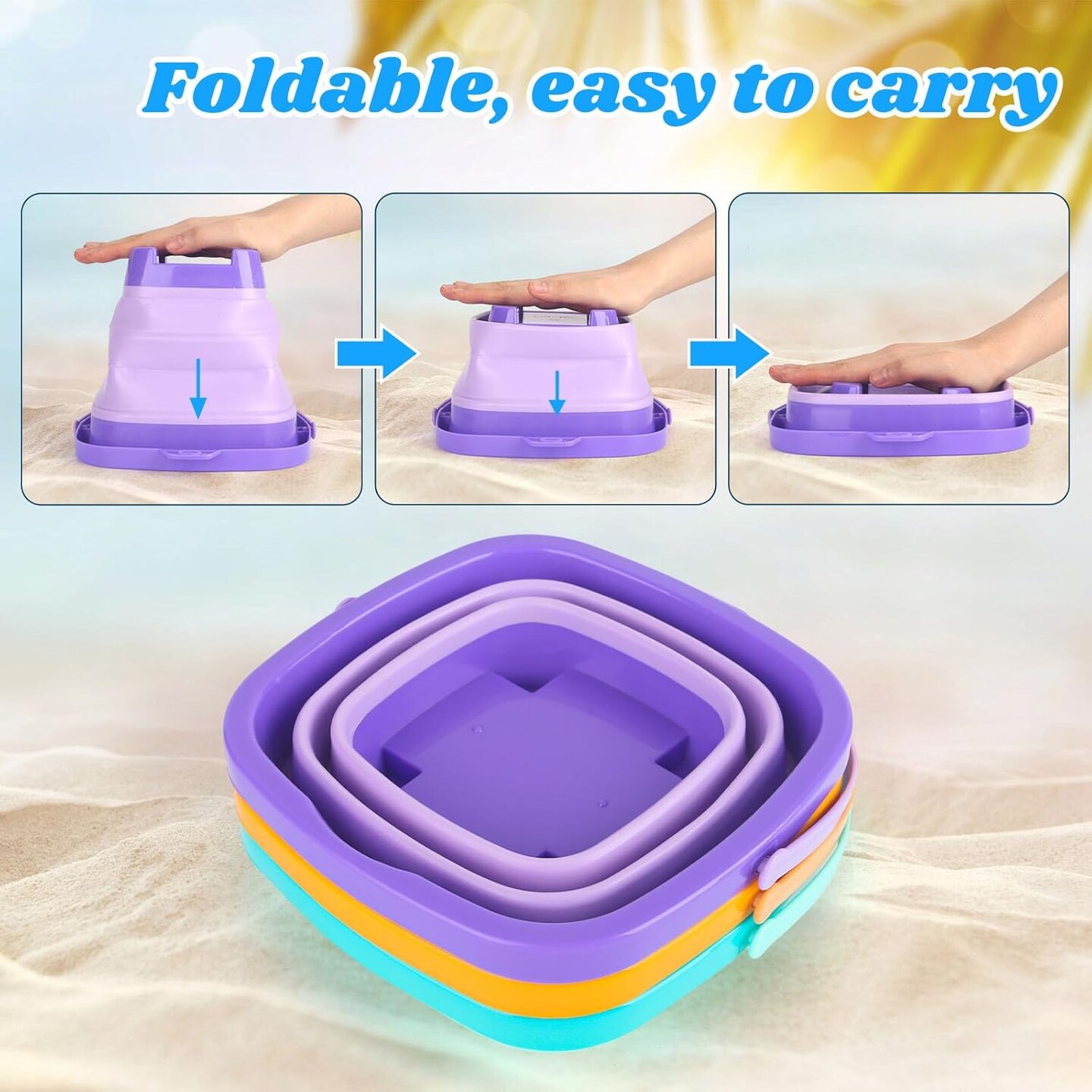 3Set Collapsible Beach Buckets, Foldable Sand Toys Easter Buckets for Kids, for Toddlers Outdoor Activities, Beach Fun Summer Vacation