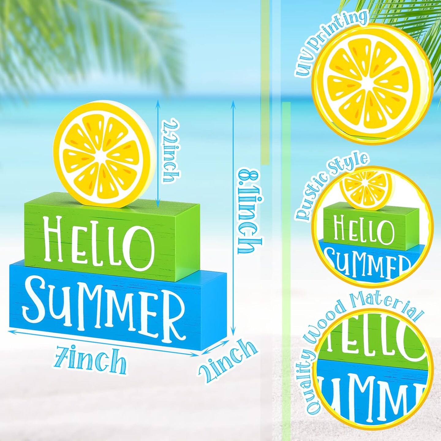 3 Pcs Summer Wooden Block Decor – Hello Summer Lemon Tiered Tray Set, Rustic Farmhouse Table Centerpiece for Shelf, Mantel, Kitchen, Office & Party Décor