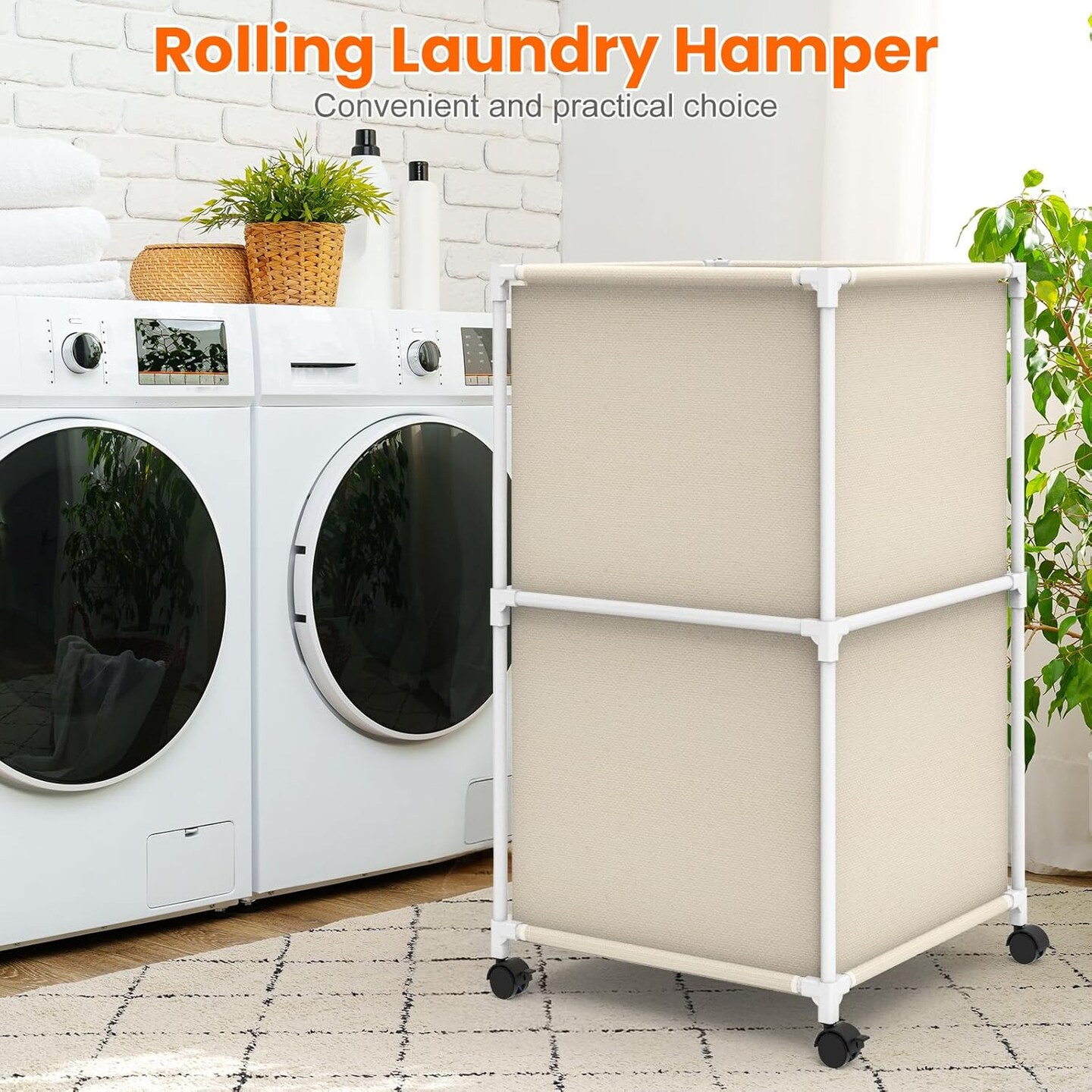 32Gal Large Laundry Hamper with Wheels - Rolling Clothes Basket, 120L Oxford Fabric Storage for Bedroom, Dorm, Laundry Room, Beige