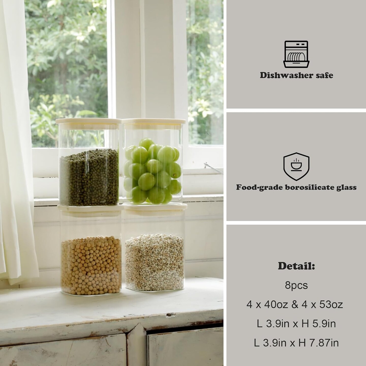 8pcs Square Pantry Glass Jars with Clear Airtight Lids Kitchen Canisters Sets for Flour, Sugar Refrigerator Safe, Available in 2 Sizes: 40oz / 54 oz