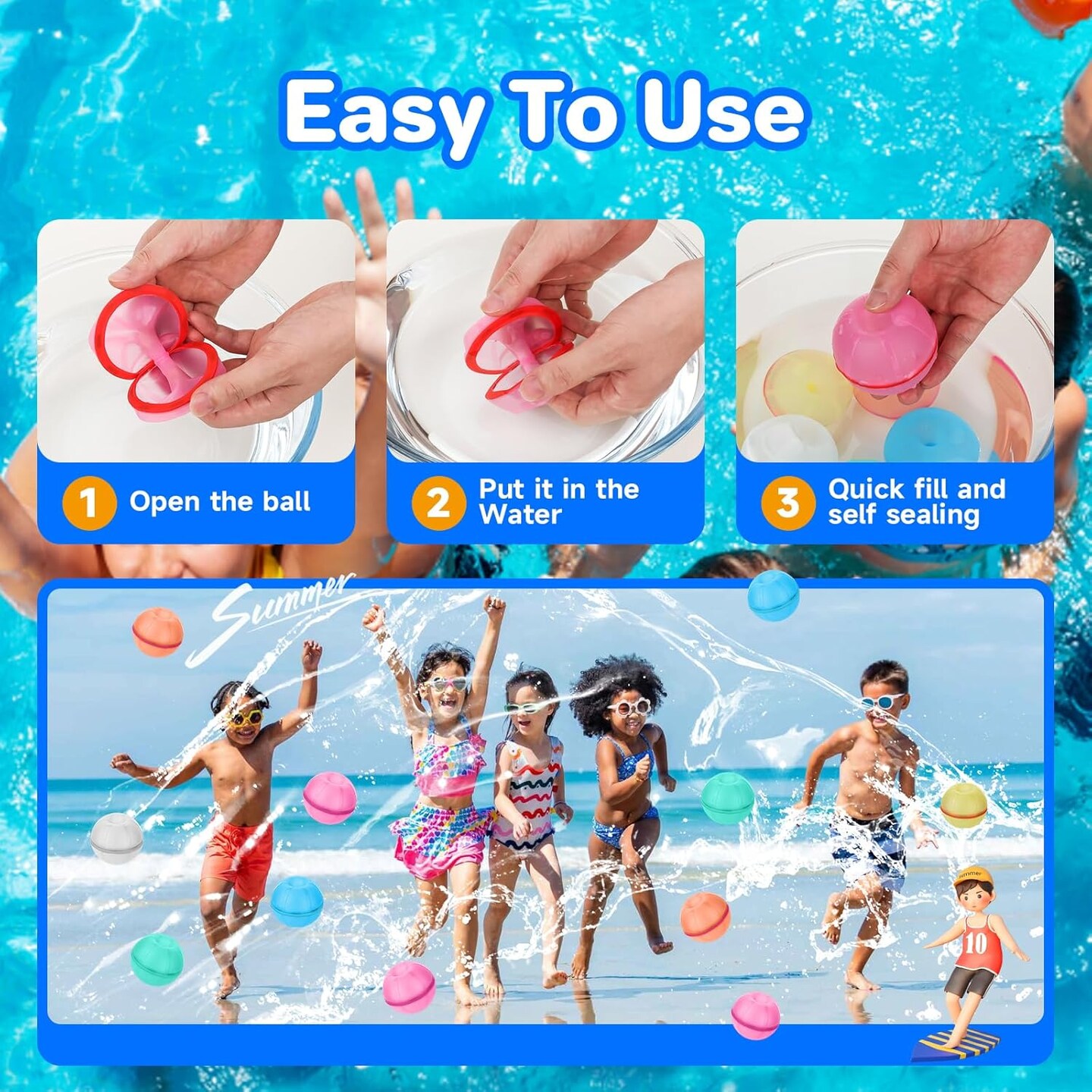 Reusable Water Balloons 6PCS, Magnetic Silicone Water Balls Quick Fill Refillable Self Sealing, Summer Water Toys for Beach, Pool, Outdoor Backyard Splash Fun Games Water Fight for Kids &#x26; Adults (6)