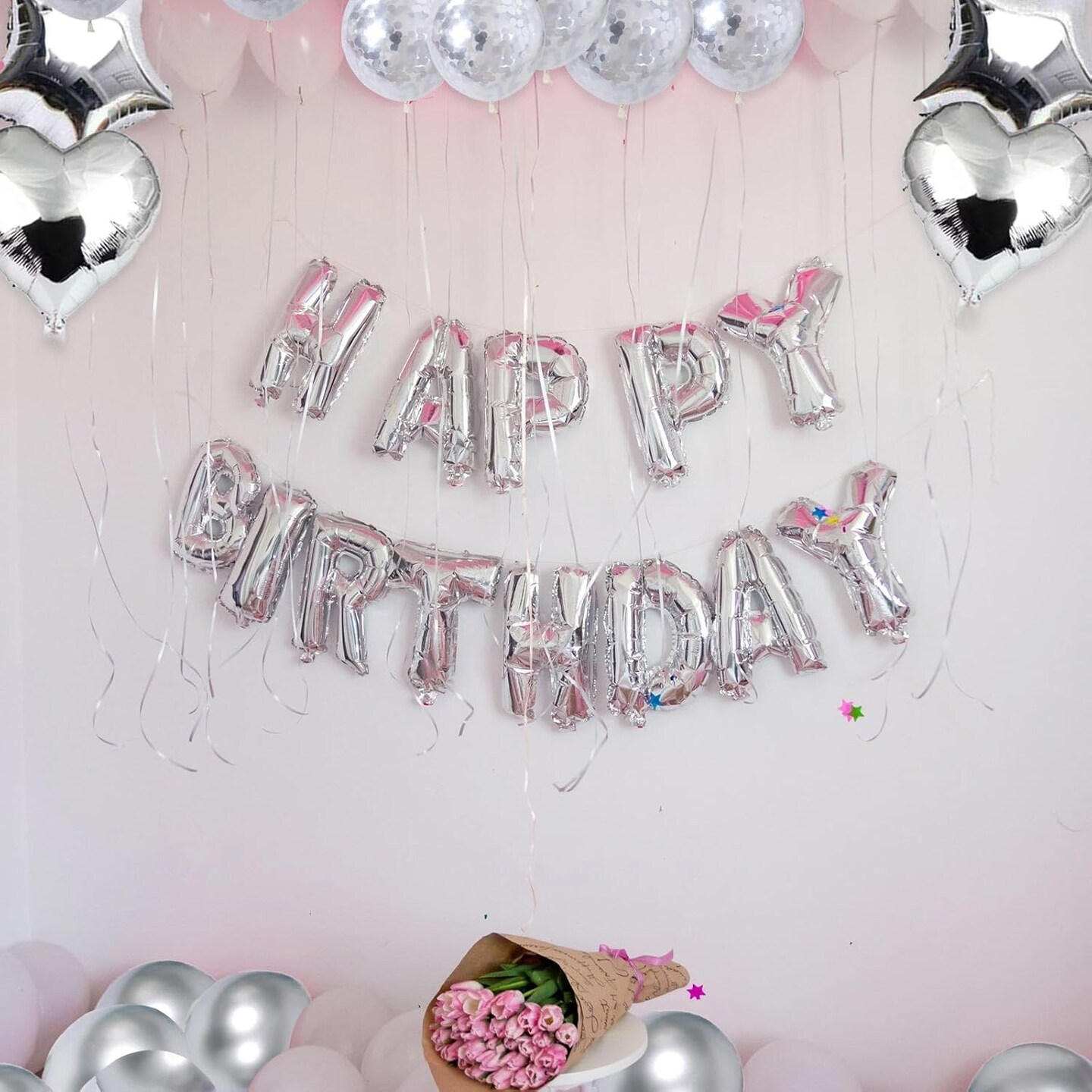 27 Pcs Silver Birthday Decorations, 3D Foil Silver Happy Birthday Balloon Banner