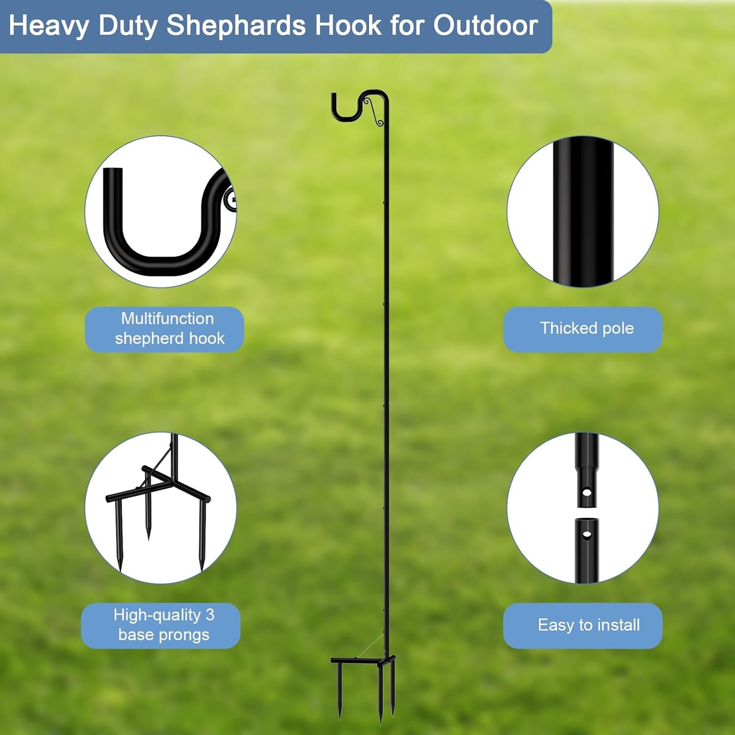 2-Pack Adjustable 92&#x22; Heavy Duty Shepherd&#x2019;s Hooks for Outdoor - Rust-Proof Bird Feeder Pole, Plant Hangers, Solar Lights, Wedding Decor, Garden &#x26; Patio (Black)
