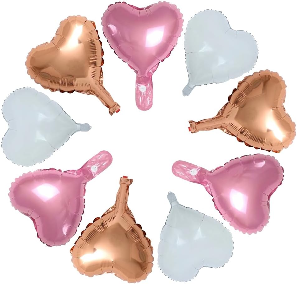 30-Pack 10in Rose Gold, Pink & White Heart Foil Balloons – Party & Wedding Decor