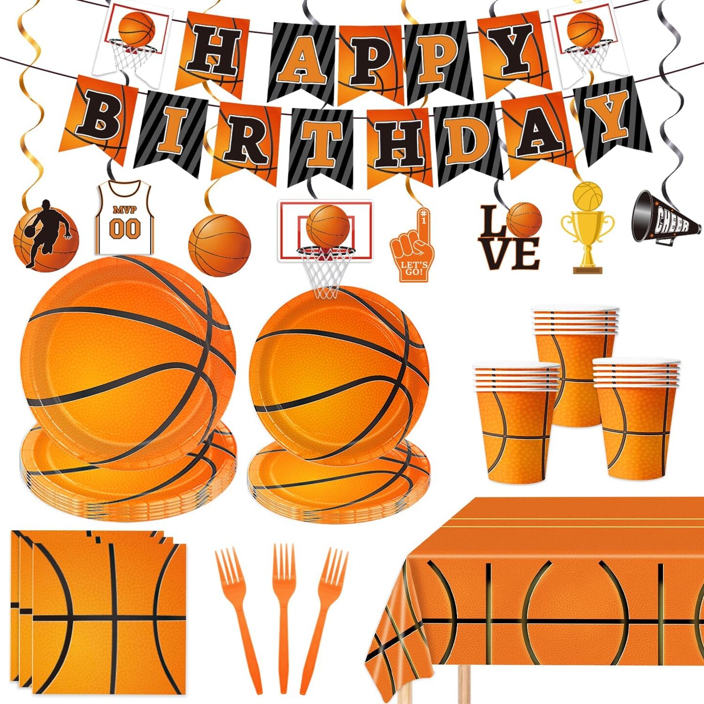 130 Pcs Basketball Party Supplies Basketball Party Decorations Plates Napkins Cups Forks Tablecloth Banner Hanging Swirl for Basketball Birthday Party Decorations, Serves 24