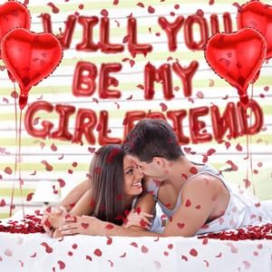 Will You Be My Girlfriend - Letter Foil Balloons Decorations 4 Pcs Red Heart Balloon and 500 Pcs Artificial Rose Petals For Proposal Wedding Valentine Day Decor Supplies