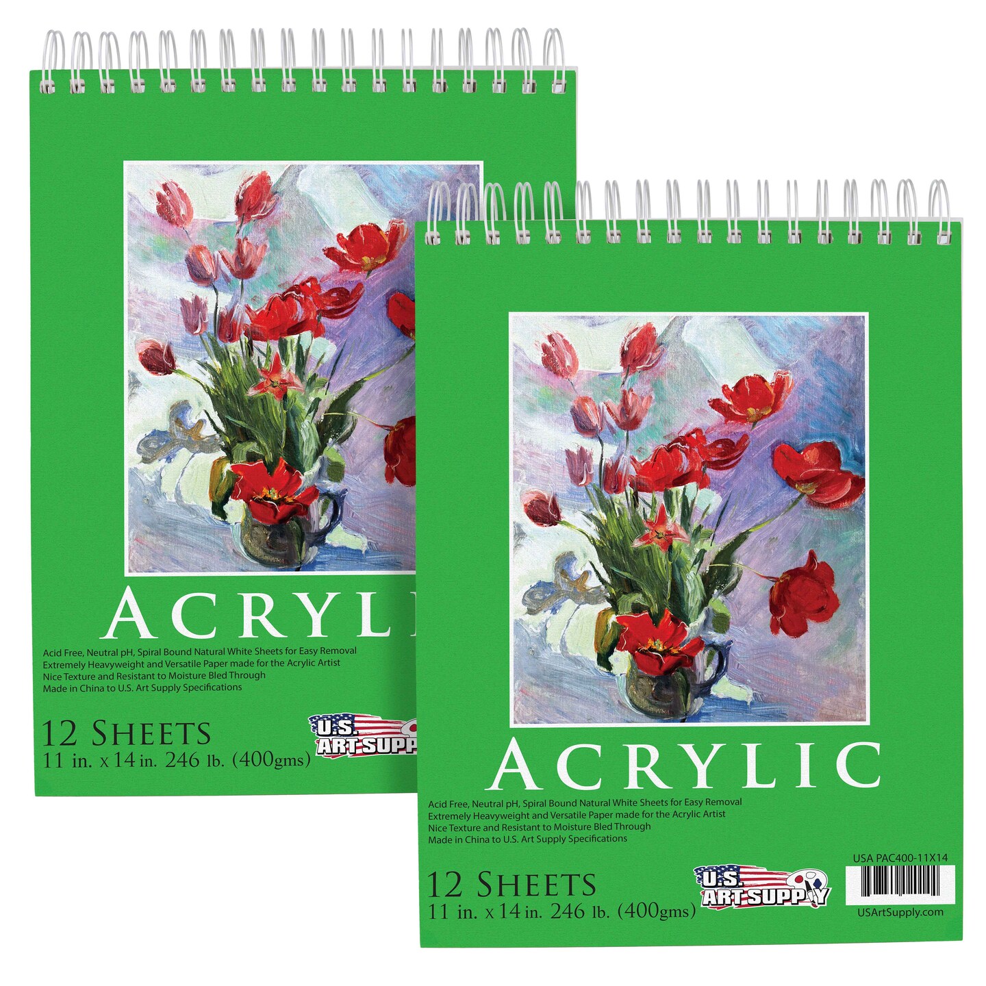 11x14&#x22; Premium Heavy-Weight Acrylic Painting Paper Pad, 246lb (400gsm), 2 Pack, 12 Sheets, Spiral Bound, for Acrylic Paint