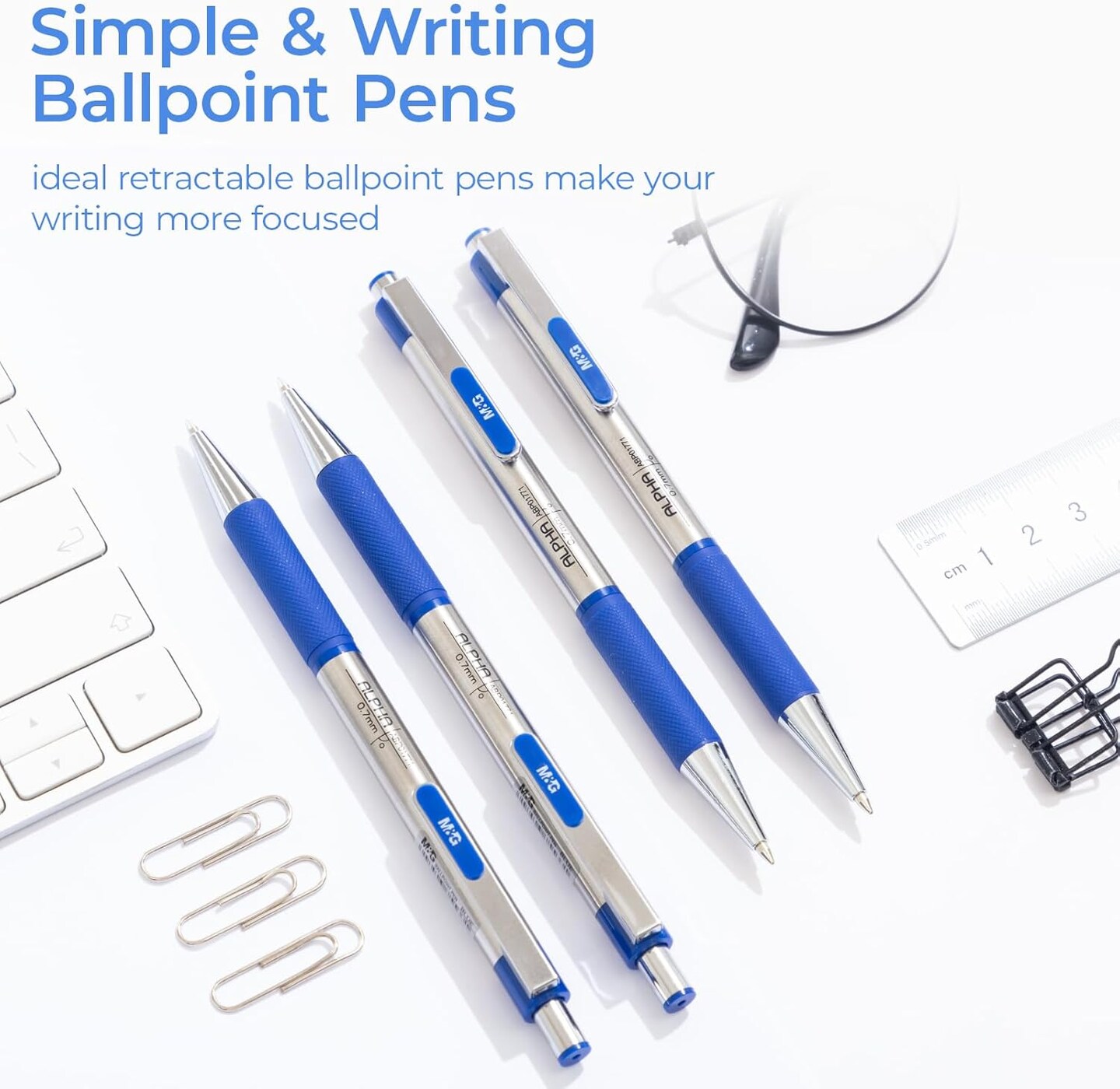Ballpoint Pens, Blue Ink Pens Medium Point 0.7mm, Retractable Ballpoint Pens Bulk Long Lasting Smooth Writing with Anti-Slip Grip for Journaling Office Supplies School Women Men (12 Pack)