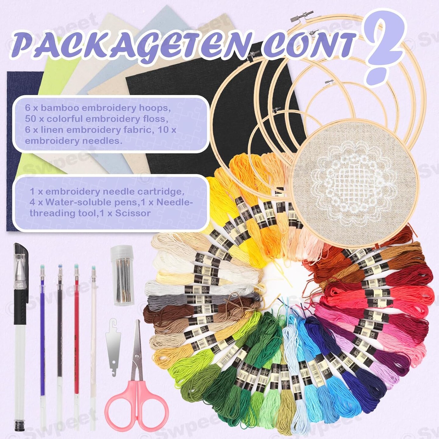 21Pcs 10 x 10 Inch Linen Needlework Fabric with Water-Soluble Pens Floss