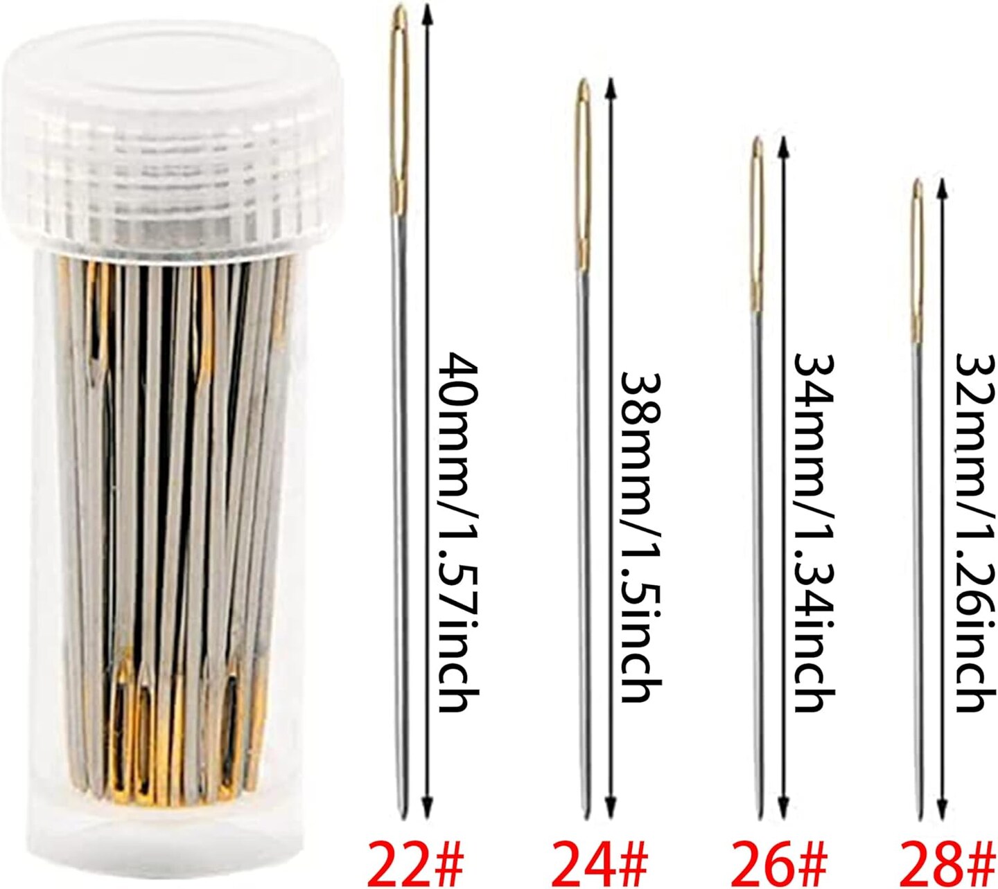 120pcs Cross Stitch Needles +2 Needle Threader Golden Color Large Eyes Cross Stitch DIY Embroidery Hand Needles Sewing Needles in Transparent Box Size 22# 24# 26# 28#