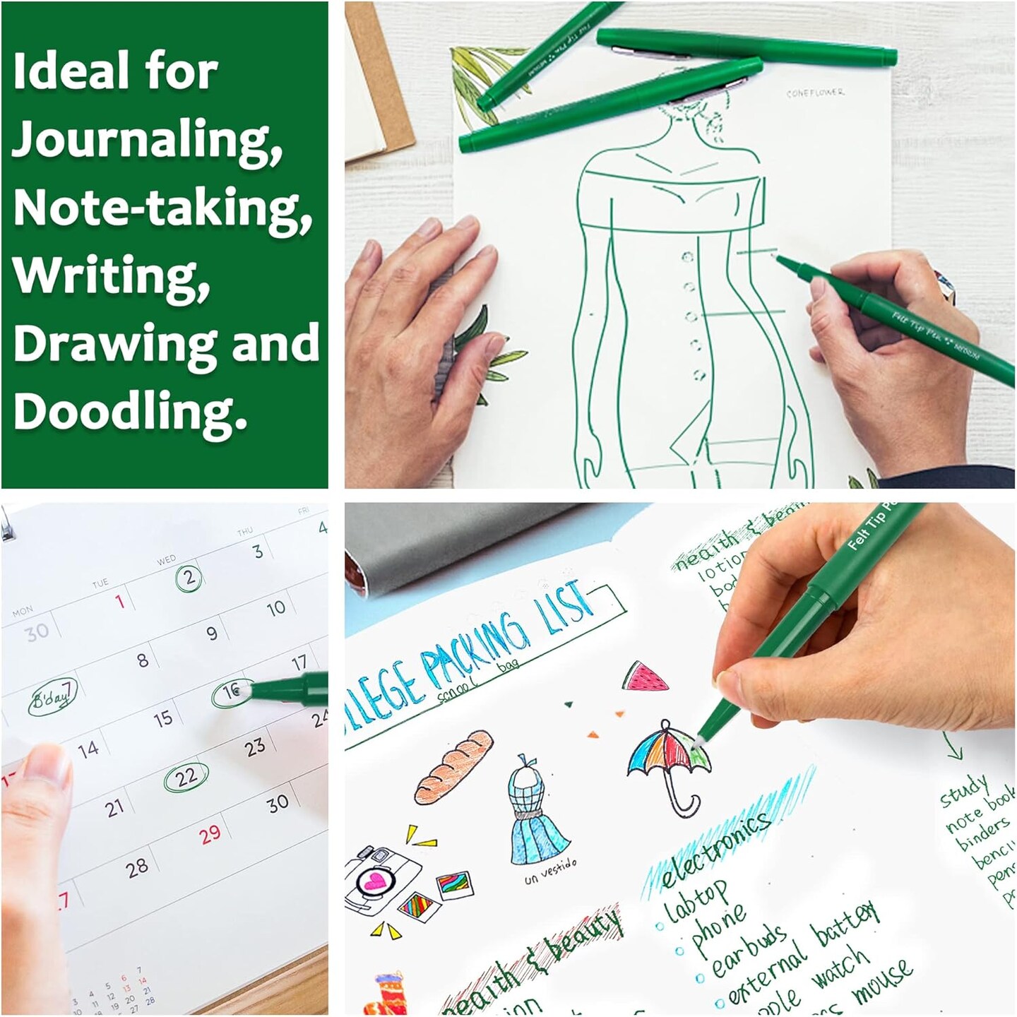 Felt Tip Pens, 15 Green Pack, 0.7mm Medium Point, Felt Tip Markers Pens for Journaling, Writing, Note Taking, Planner, Perfect for School Office and Art Supplies