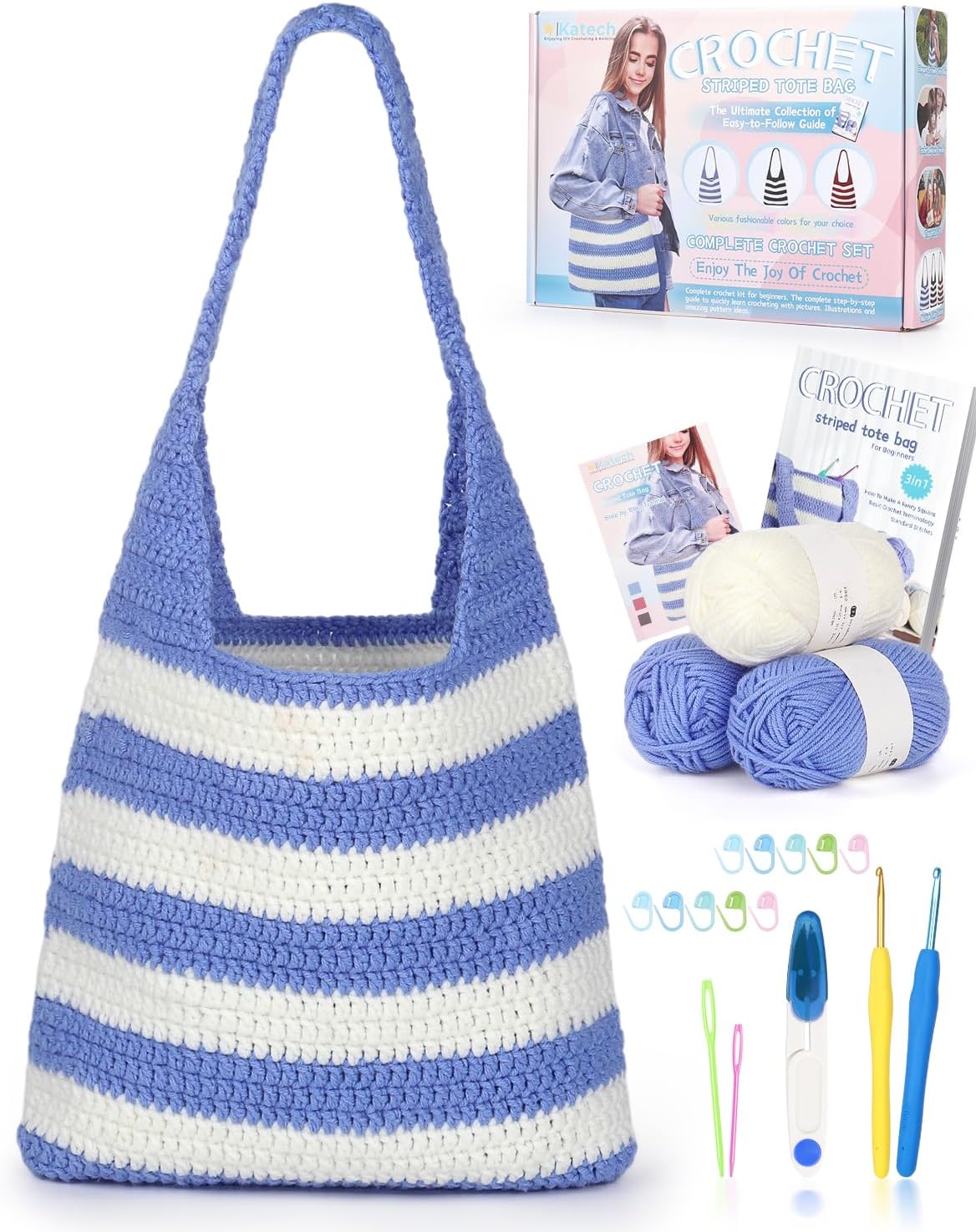 Crochet Kit for Beginners - Striped Tote Bag Set Includes Yarn, Hooks, Step-by-Step Guide, Needles & Accessories - Adults & Kids Crochet Starter Gift