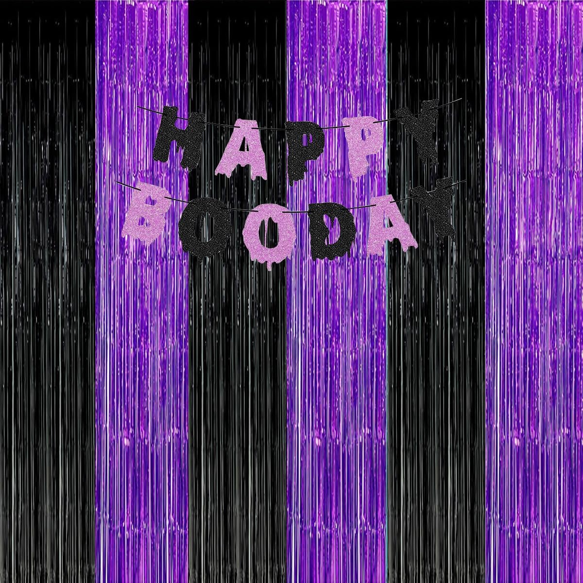 Graduation Decorations 2025 Purple Black Foil Fringe Backdrops, Black Purple Party Decorations Streamer Tinsel Curtains for Graduation Birthday Halloween Party(3 Pack)