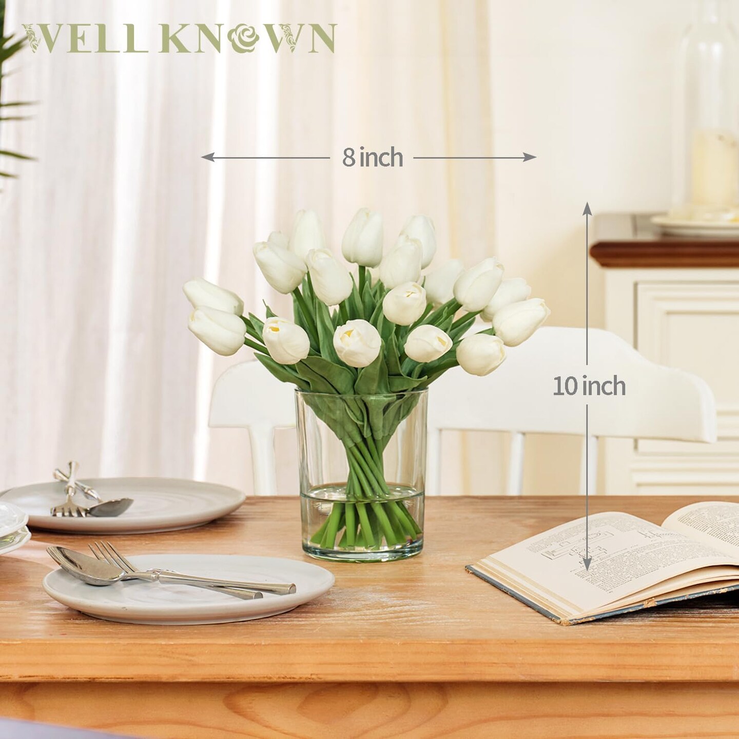 20 Pcs White Tulips Artificial Flowers in Vase, Fake Flowers in Glass Vase, Real Touch Fake Tulips Artificial Flowers in vase with Faux Water for Home Decoration, Dining Table