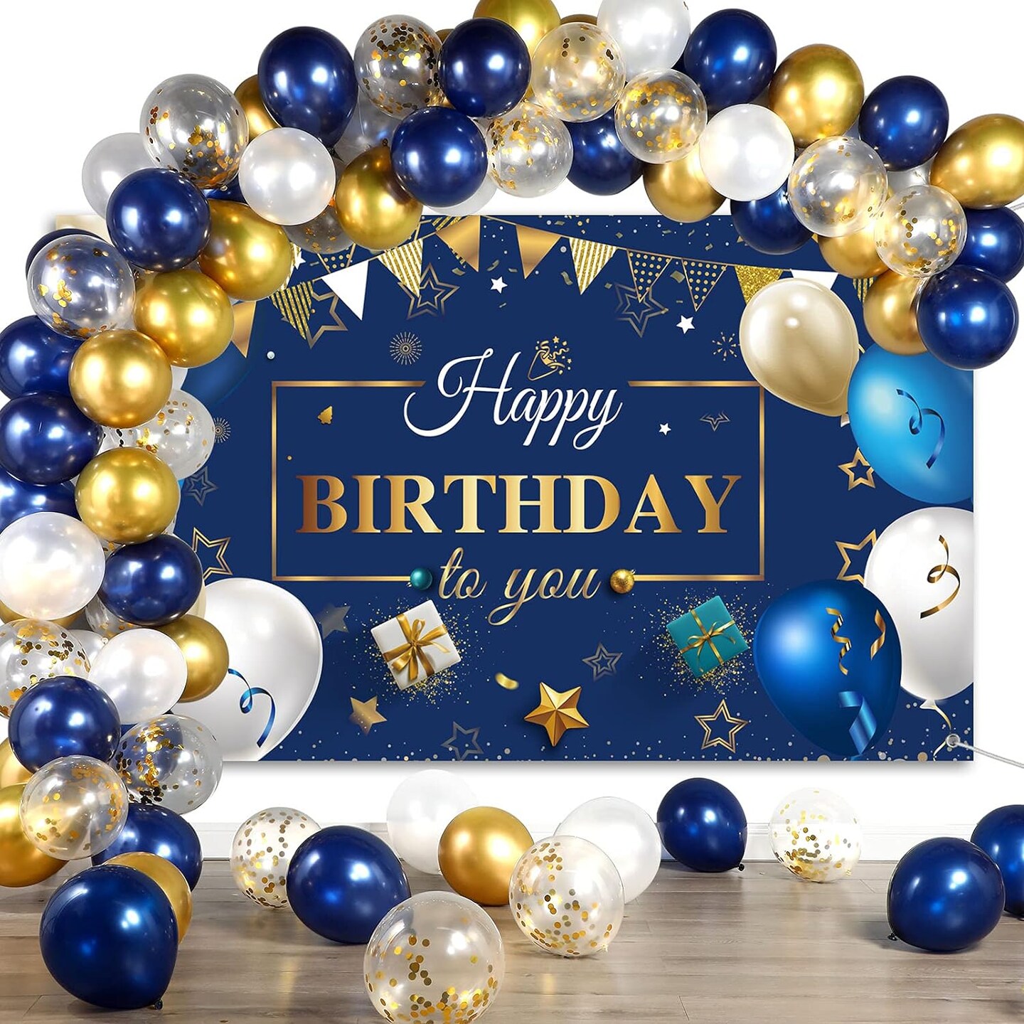 Navy Blue Birthday Confetti Balloons Kit Set 50 Pieces Photography Backdrop Banner Package for Boys Girls Men Women Birthday Party Decorations Supplies(Navy Blue and Gold)