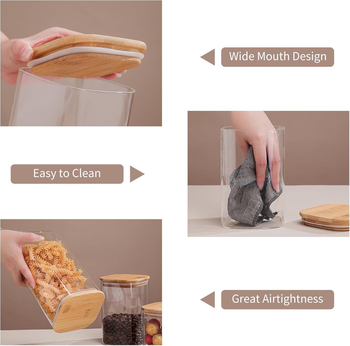 Glass Food Storage Containers with Lids, 50 Oz High Borosilicate Glass Jars for Coffee Bean, Candy, Cookie, Flour, Square