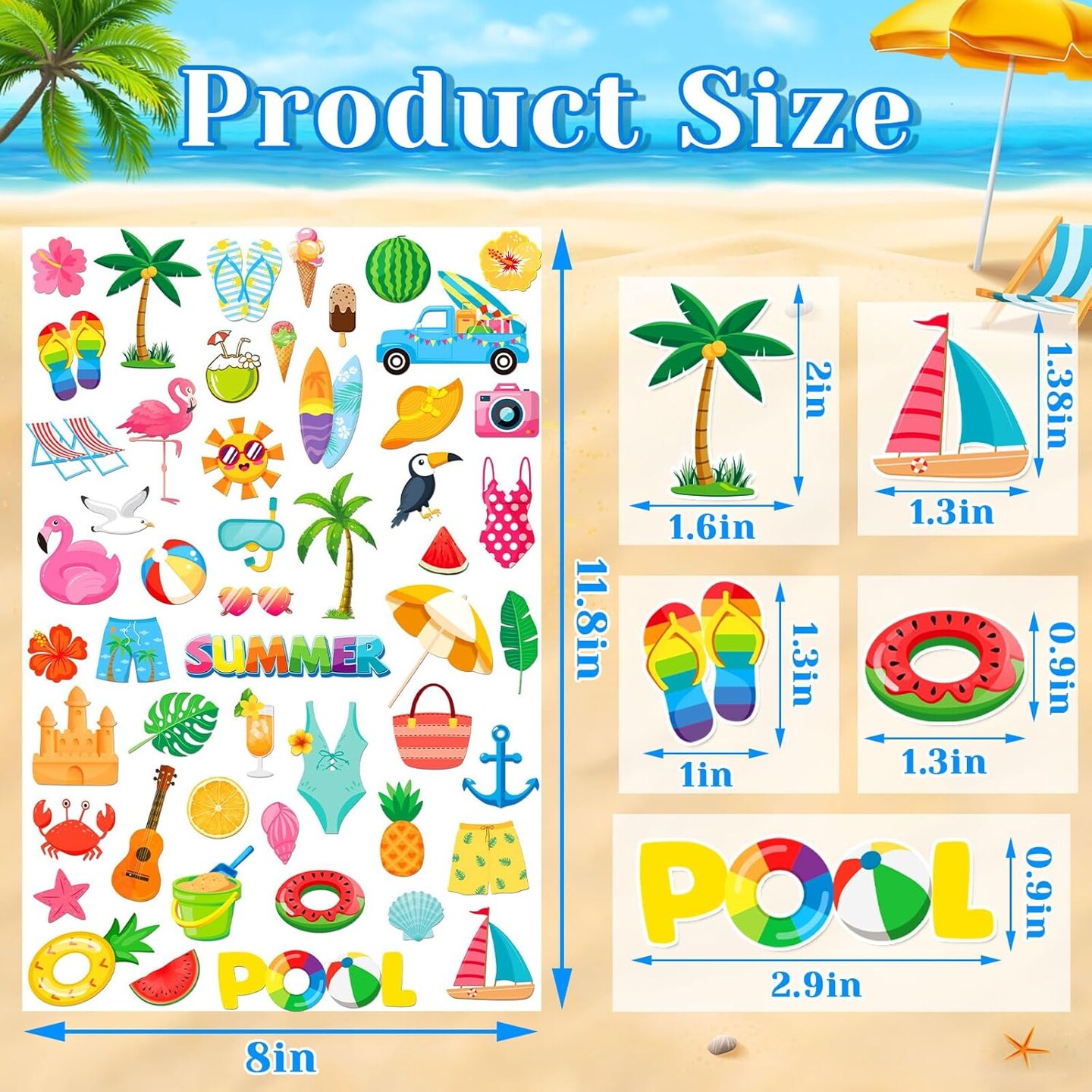 Summer Foam Stickers,300 Pcs Bulk Self-Adhesive Hawaiian Beach Stickers for Arts Crafts Beach Theme Summer Birthday Party Favors Decoration Home DIY Supplies
