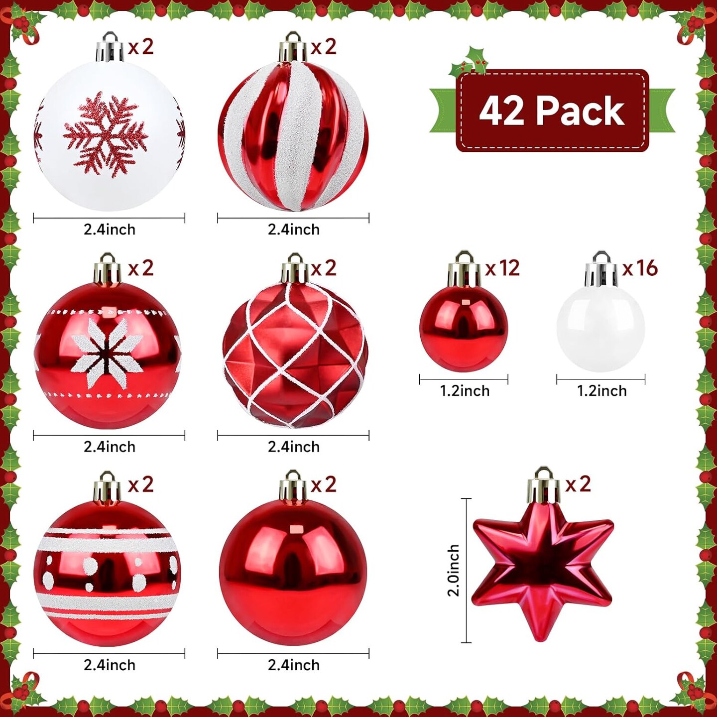Red and White Christmas Balls Ornaments - 42pcs Christmas Tree Decorations, Shatterproof Christmas Ornaments, Hanging Christmas Ornaments Decorations for Christmas Tree(Multi Color #10)