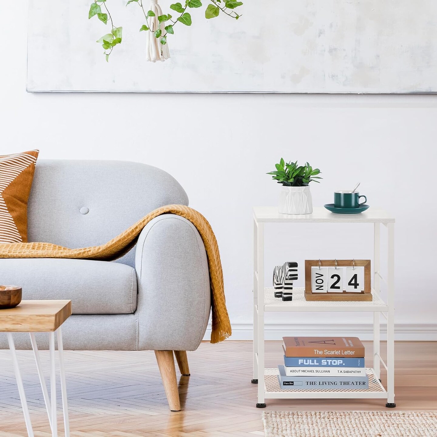 White End Table with 2-Tier Shelf - Multifunctional Side Table for Living Room, Bedroom, Office - Wheels or Adjustable Feet, Easy Assembly