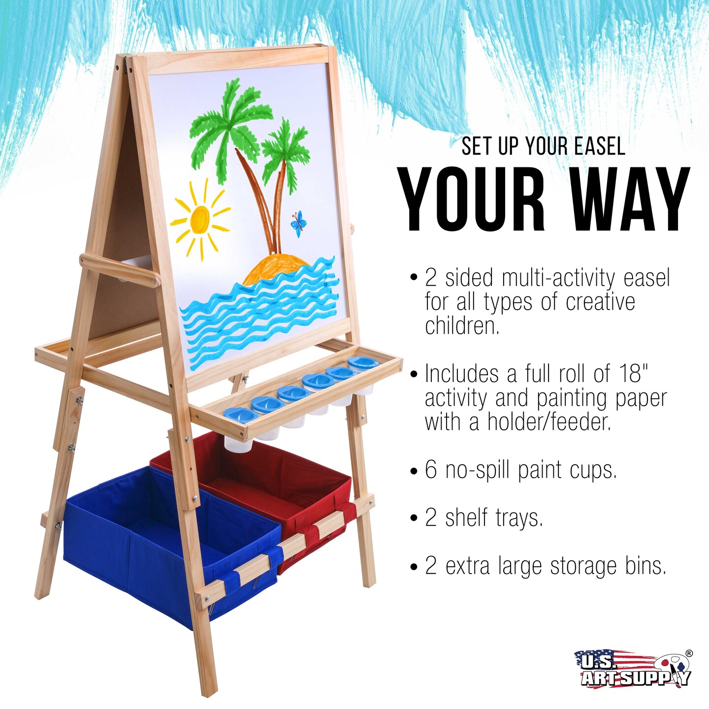 Children&#x27;s Cardiff Double-Sided Art Activity Easel with Chalkboard, Dry Erase Board, Paper Roll, 6 No-Spill Cups, 2 Storage Bins, 2 Trays - Kids Paint