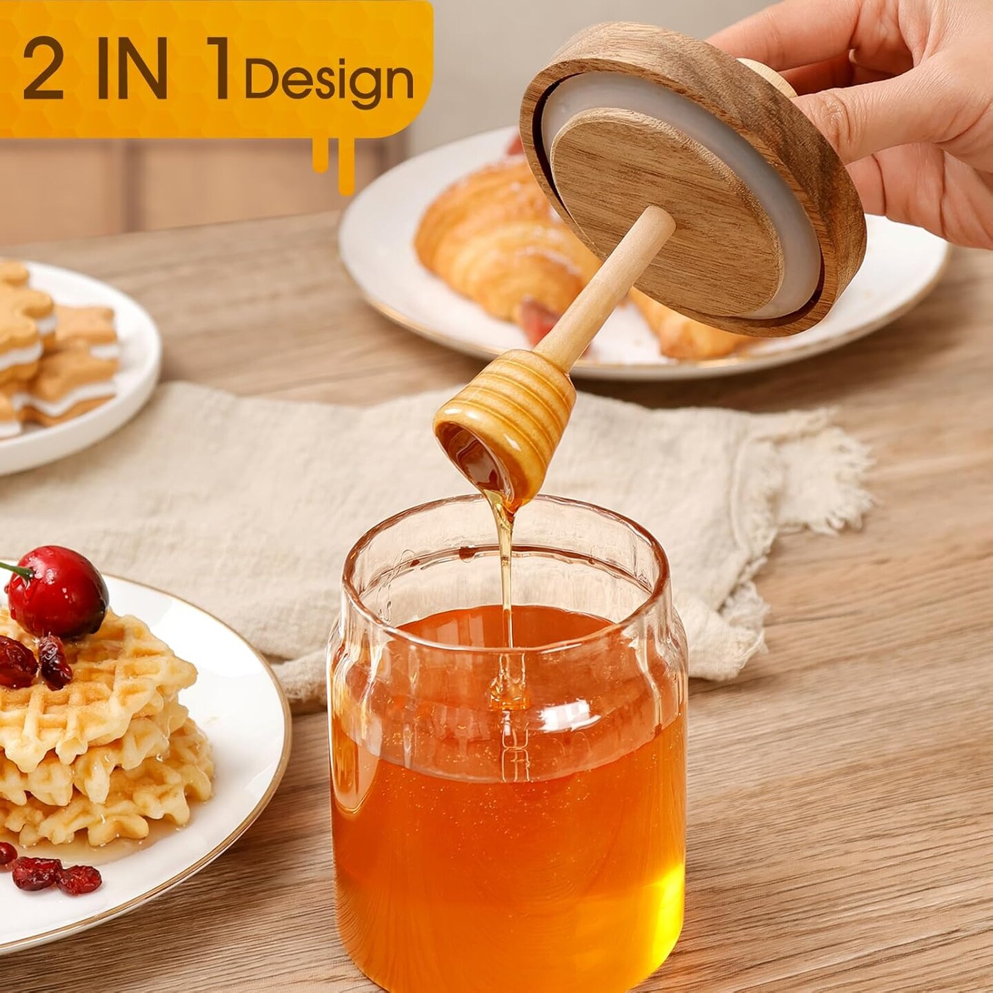 15oz Glass Honey Jar with Dipper Stick and Wooden Lid, Honey Pot with Wooden Dipper, Airtight Honey Containers with Dipper