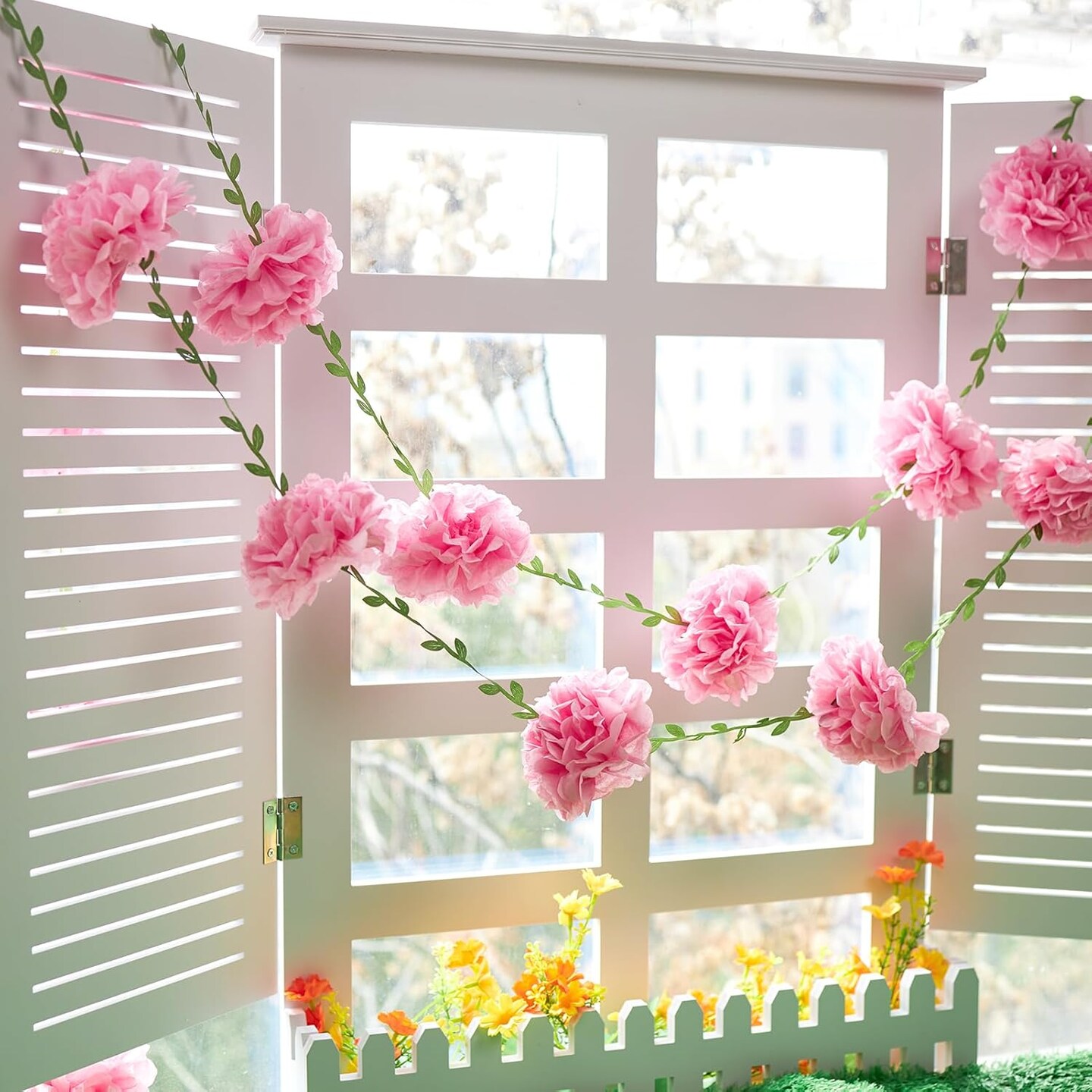 2PCS Pink Paper Flower Garland, Flower Leaves Banner Flower Pom Pom Garland Spring Hanging Paper Flower Decorations for Wall Nursery Anniversary Wedding Birthday Arch Decor (8.2ft)